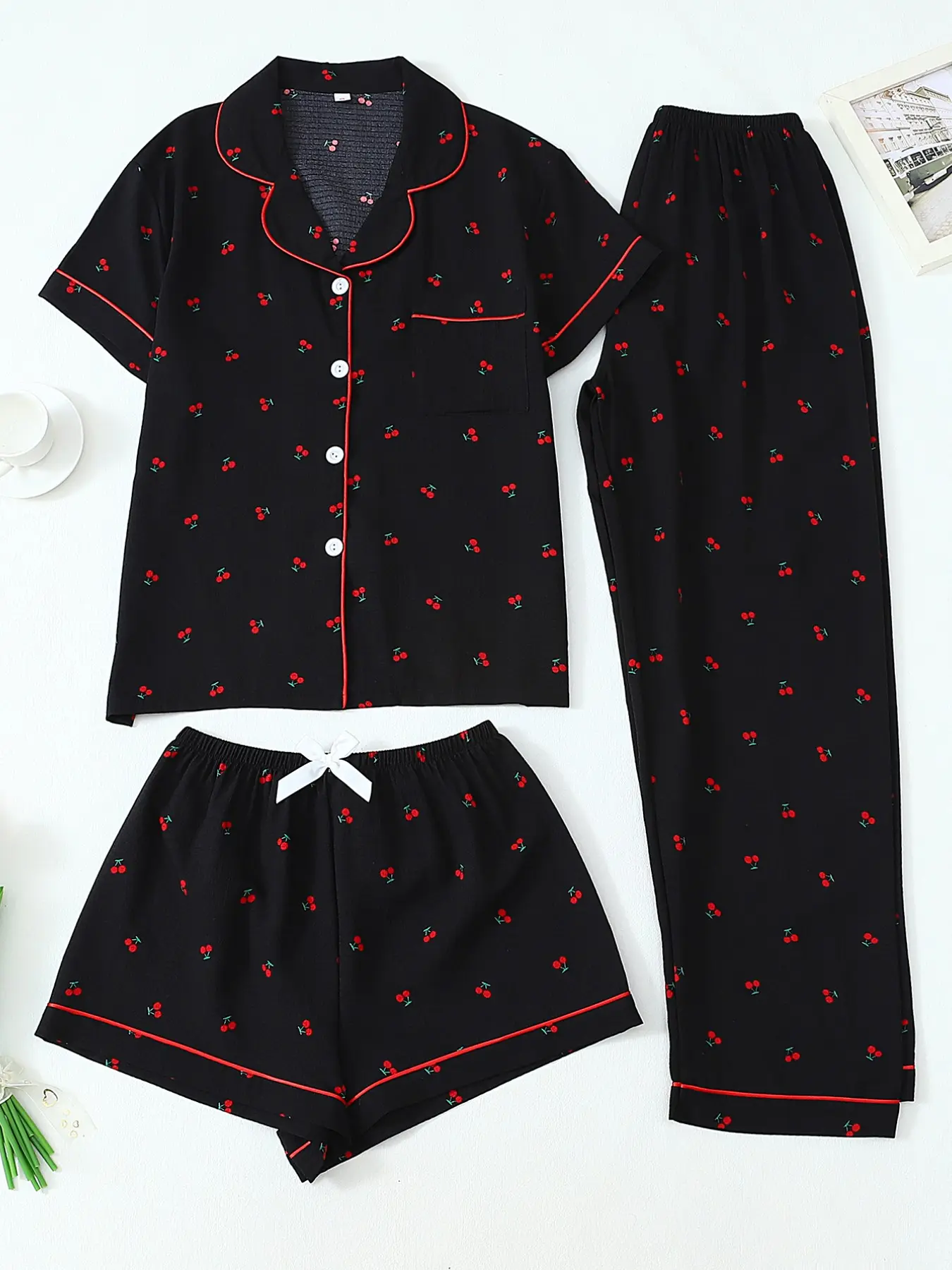 Three-Piece Women's Cherry Fruit Print Pajama Set, Short Sleeve Button Front Top with Pockets, Casual Home Wear Loungewear for All Seasons