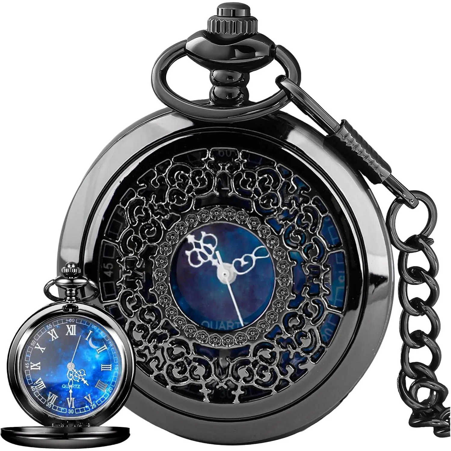 Unisex Retro Starry Blue Hollow Case Quartz Pocket Watch with Roman Numerals - Chain-Included Fashion Accessory, Gift Idea for Men and Women, Vintage