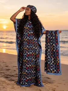 New Women's 2 Piece Navy Base Multicolor Link Geometric Print Kaftan Maxi Dress with Matching Scarf, Silky Loose Satin Robe, Plus Size Friendly, Beach Cover Up, Resort Vacation & Evening Party Wear