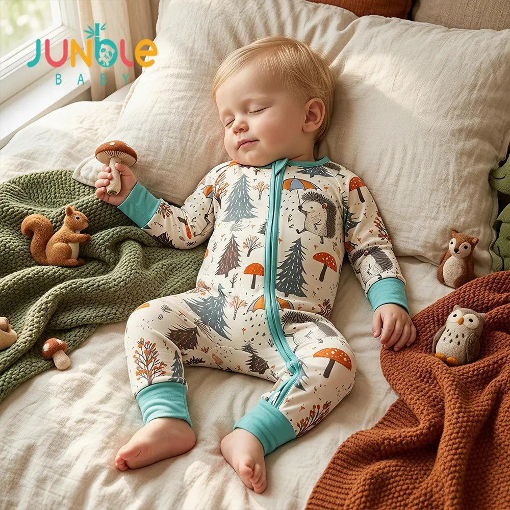 Junblebaby Bamboo Fiber  Baby Onesie, baby bamboo zipper romper,  print   Zipper   cute baby boy clothes,Forest Hedgehog and Mushrooms pattern,baby Long Sleeve Footed Romper with Two-Way Zipper, Breathable Daily Loungewear for  BABY   mitten  cuff foot