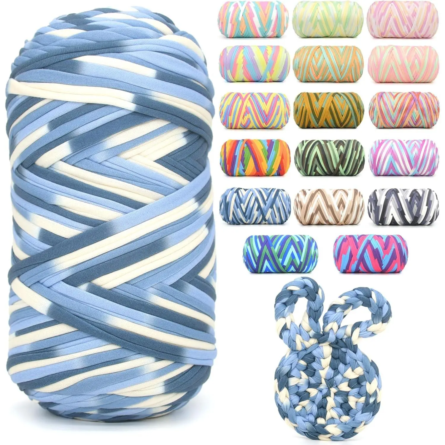 400g Tshirt Yarn for,Rainbow T Shirt Soft Elastic Chunky Thick T-Shirt Yarn for Crocheting Beginner Hand for Bag/DIY Craft/Home Decor-Blue White