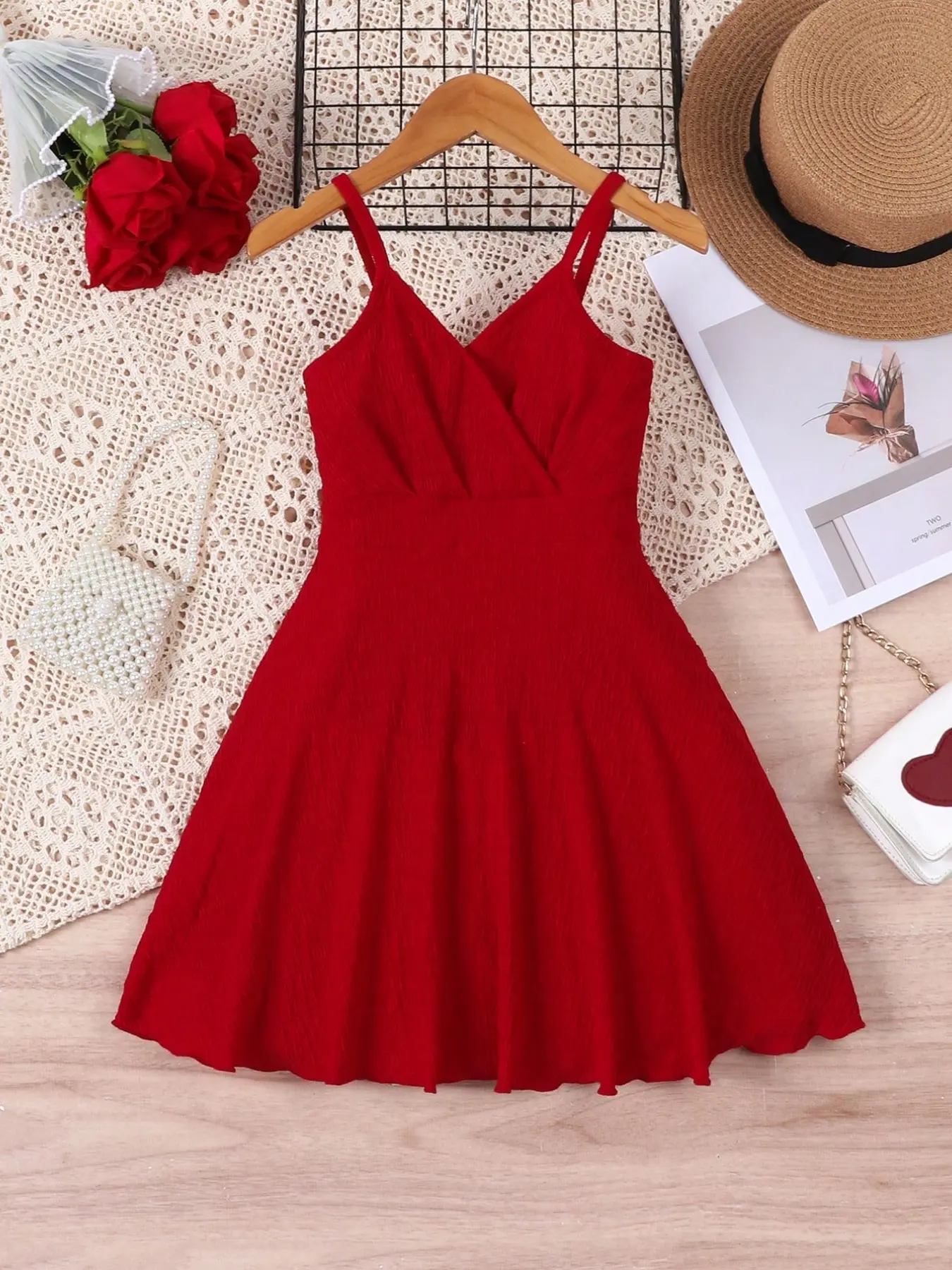 Little Girls Red Solid V-Neck Cami Dress - Elegant Textured Summer Party Dress for Toddlers and Kids