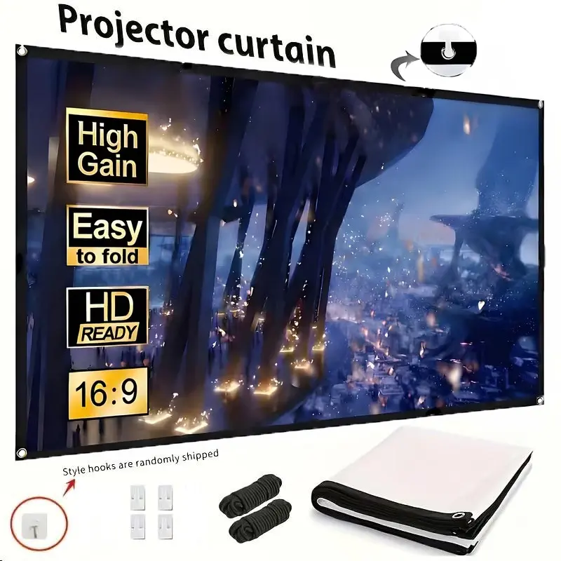 This 2K ultra-high-definition foldable HD Projection Screen is wall-mountable, washable, wrinkle-resistant, requires no power supply, and is made of plastic. It is an ideal choice for home theaters and office projection, Immersive Viewing Experiences