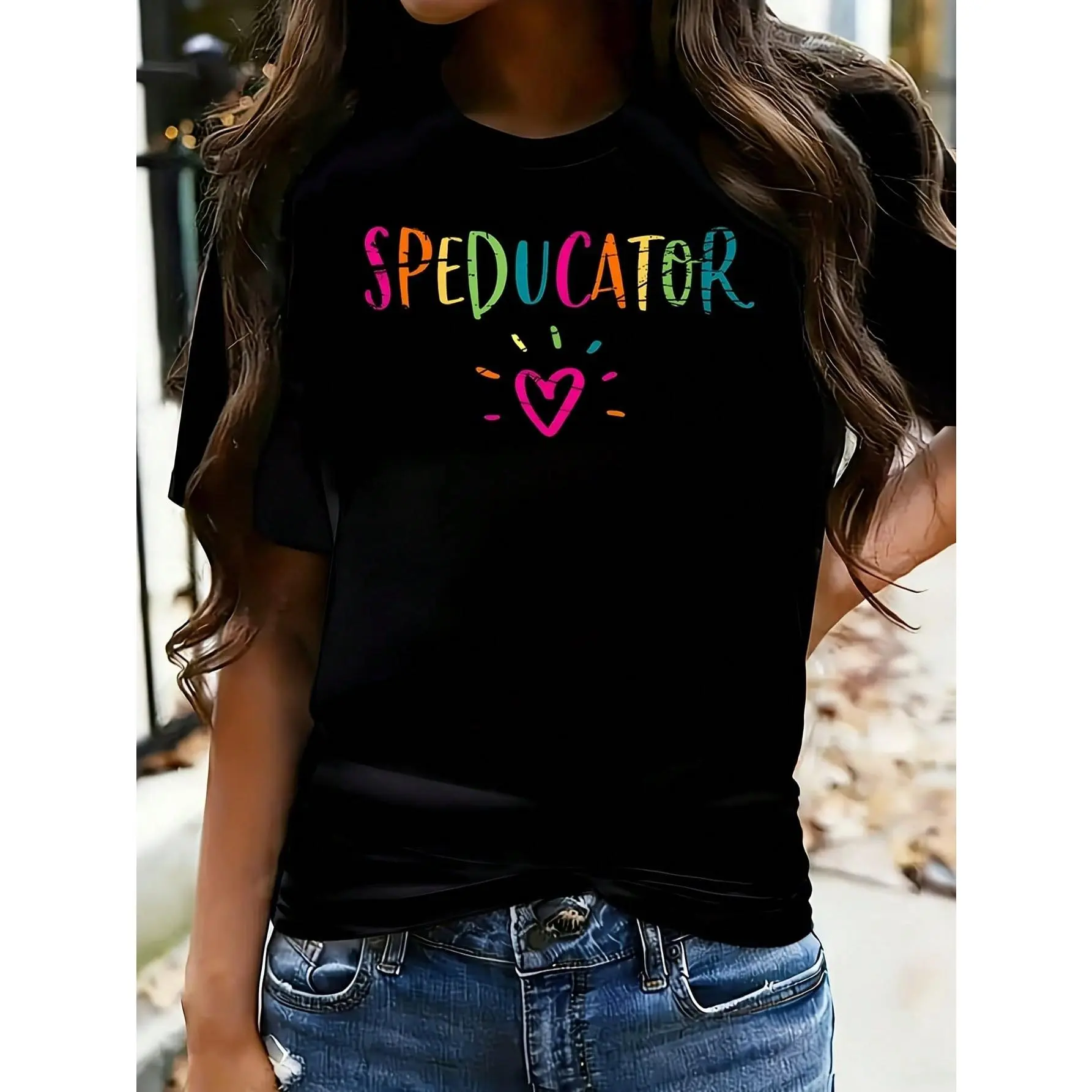 SPED Teacher Speducator Heart1 1 Pcs Women's Plus Size T-Shirt Funny Oversized Graphic Short Sleeve Tee Novelty 100% Cotton Shirt Casual Crew Neck Top 220g