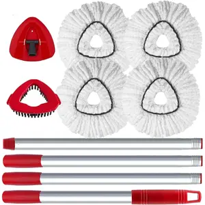 Spin Mop Head and Brush Replacement Compatible with O Cedar EasyWring 1-Tank System, 4 Mop Replace Heads, 1 Handle, 1 Base and 1 Scrub Brush Combo Set