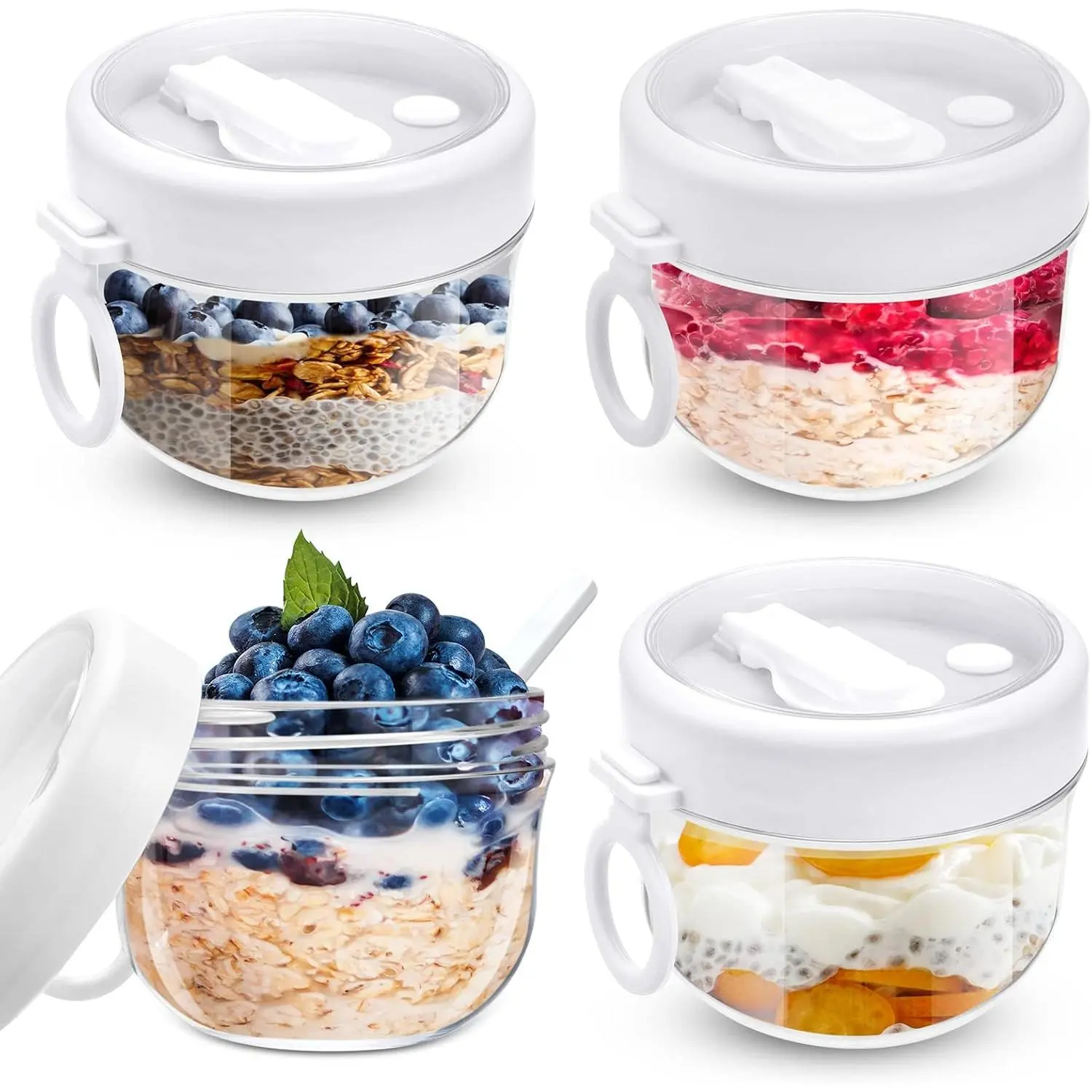 4 count Overnight Oats Container with  and Spoons, 20 oz Plastic Overnight Oats Jars Large Capacity Airtight Yogurt Container for Milk, Fruit, Cereal and Salad Storage (White)