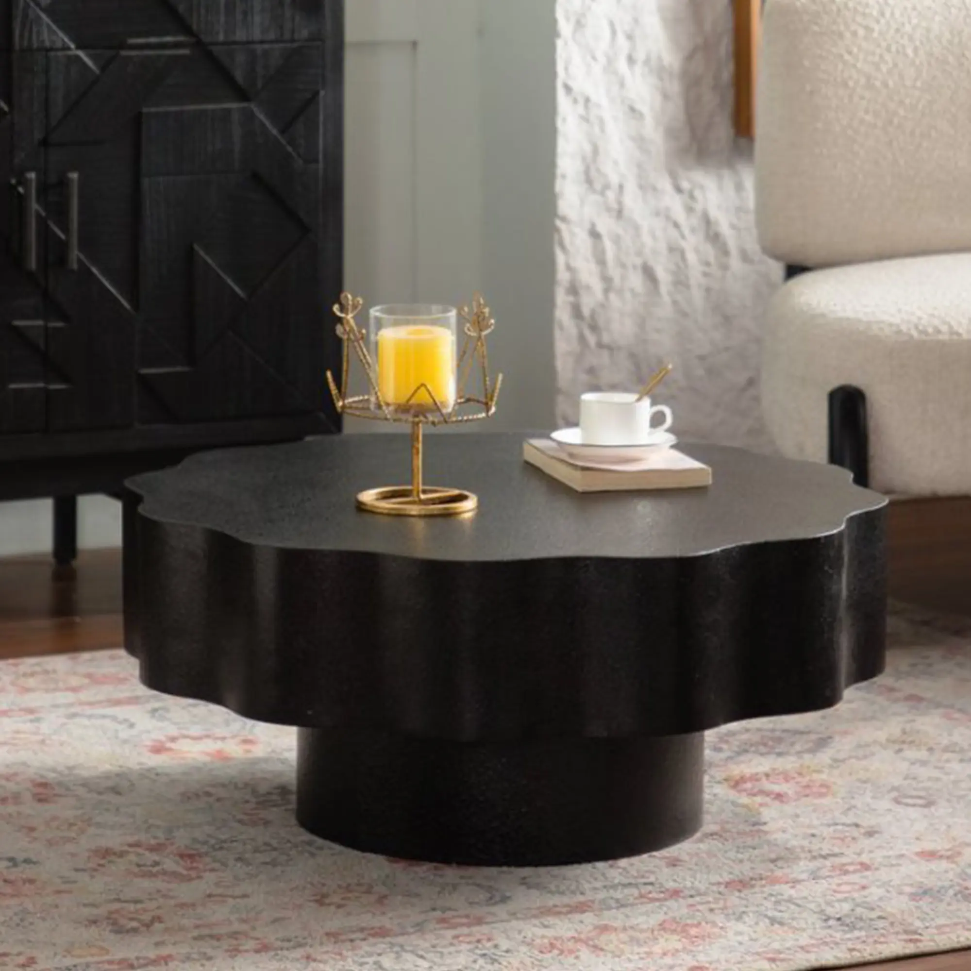 ARCH Scalloped Black Coffee Table with Unique Wave-Edge Shape, Elegant Focal Piece for Living Room, Modern Center Table for Stylish Spaces, Durable Wood Finish, Compact Size, Perfect for Home Decor Accent Furniture, Living Room Table for Sofa Side