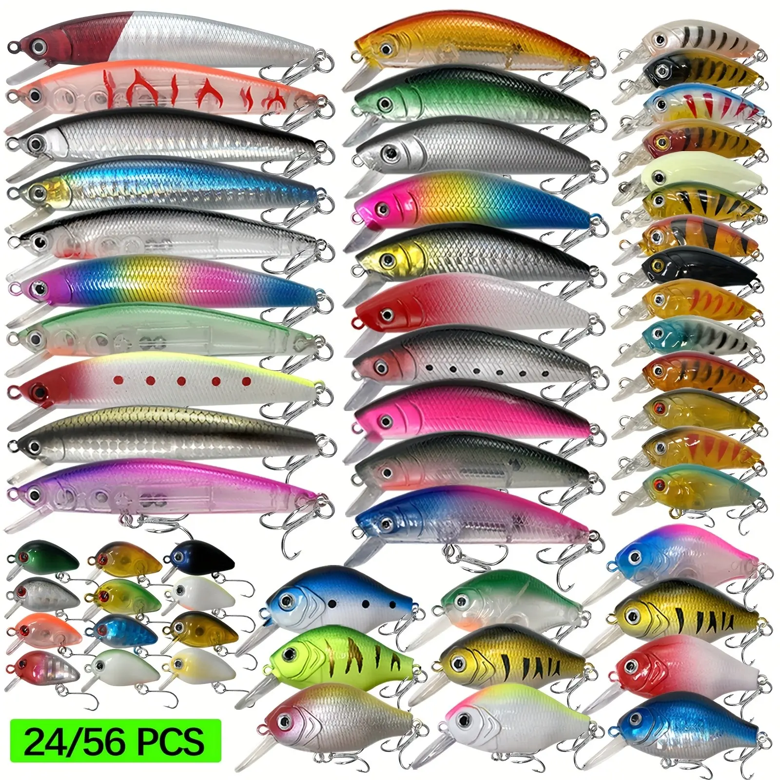 24/56 pcs Premium Minnow Fishing Lure Set - Artificial Lures, Lifelike Swim Baits, Crank Baits, Fishing Lures Kit - Ideal for Freshwater and Saltwater Fishing
