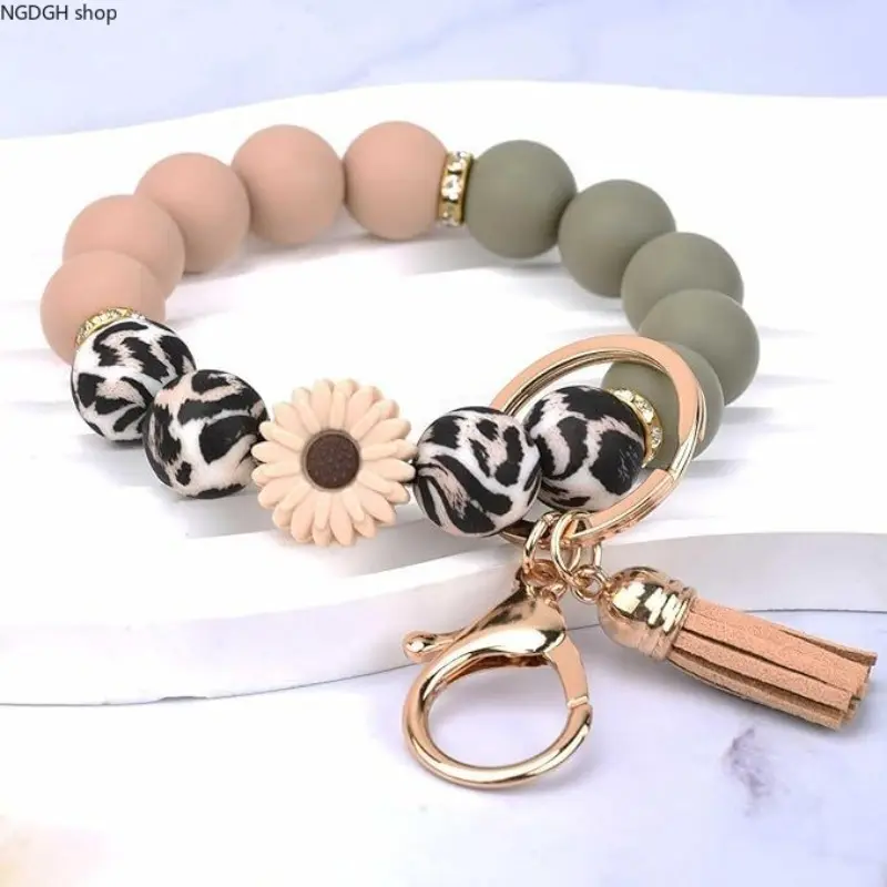 Boho Beaded Keychain Wristlet for Women with Leopard Print & Tassel, Hands-Free Key Holder for Daily On-the-Go Use, Beads
