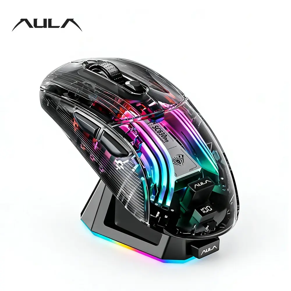 Aula Sc630pro Wireless Mouse, PC Gaming Mice, Transparent Design, Magnetic Charging Base, Wired/wireless, RGB Lights, Ergonomic, Gaming & Office Use