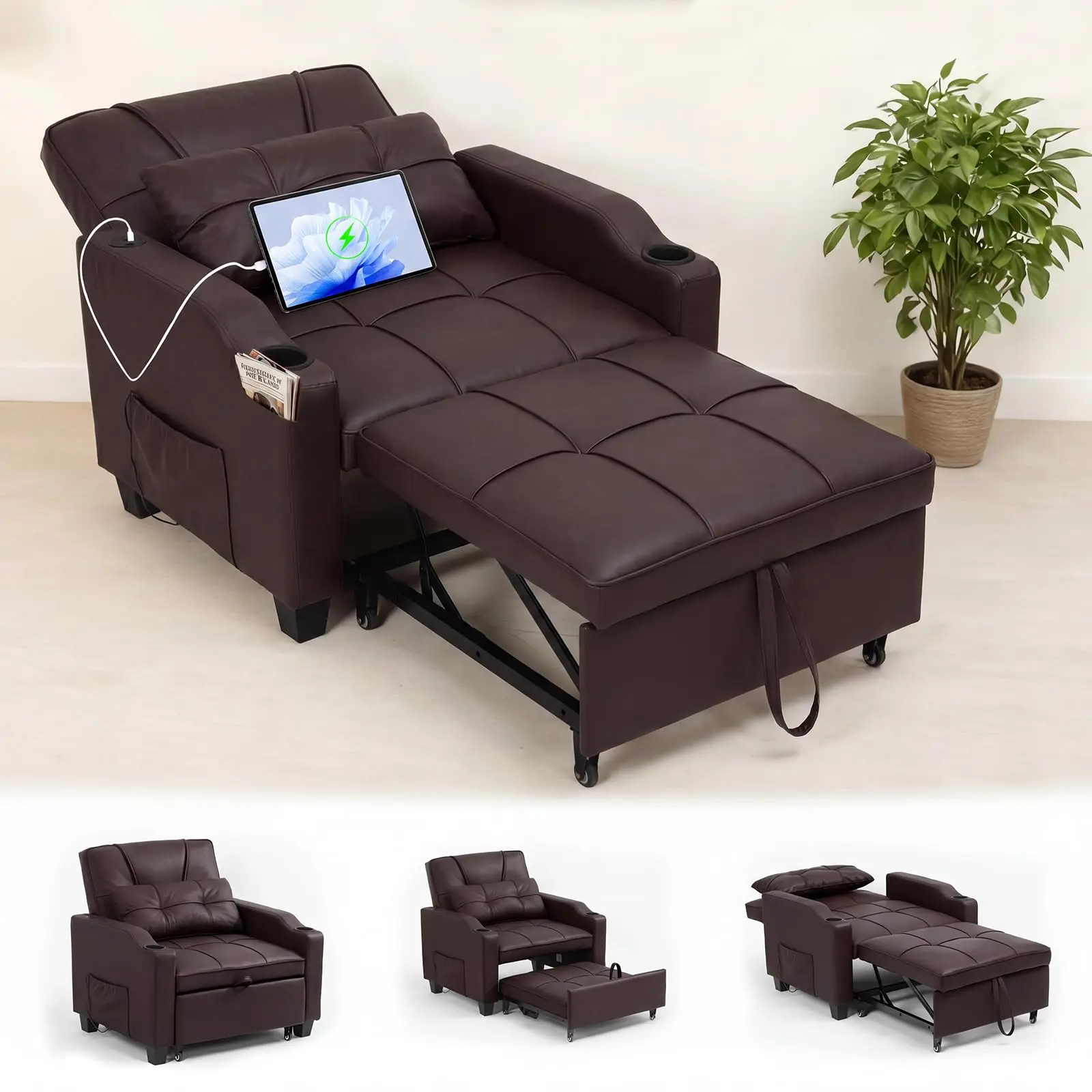 4-in-1 Convertible Sleeper Chair Bed – Sofa Chair with Vibration Massage Lumbar Pillow, USB/Type-C Ports, Cup Holder & Side Pocket for Small Spaces