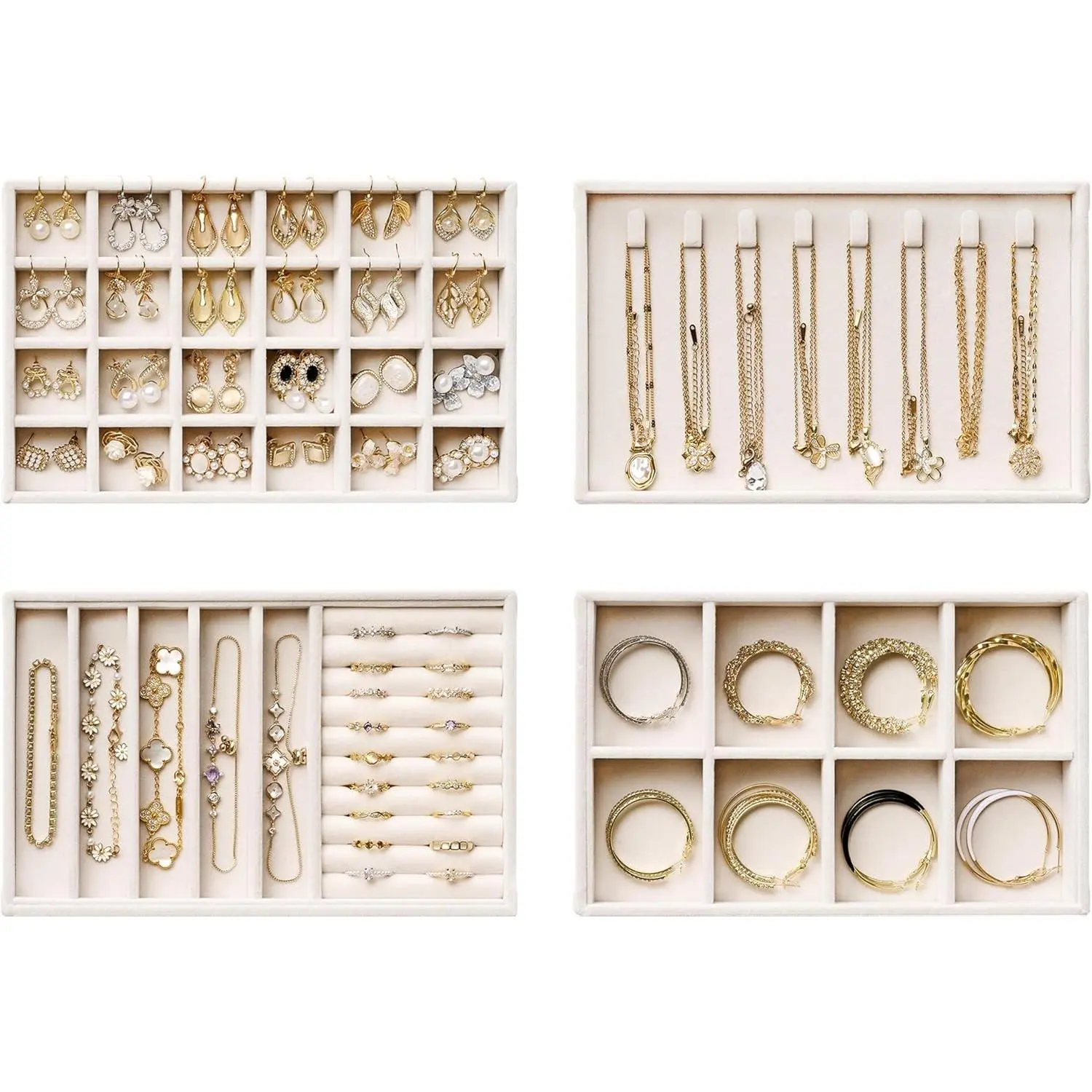 Velvet Jewelry Drawer Organizer Trays – 4-Layer Stackable Jewelry Storage Inserts Set, Beige Jewelry Tray Set for Earrings, Rings, Necklaces, Bracelets with Removable Dividers for Dresser & Vanity
