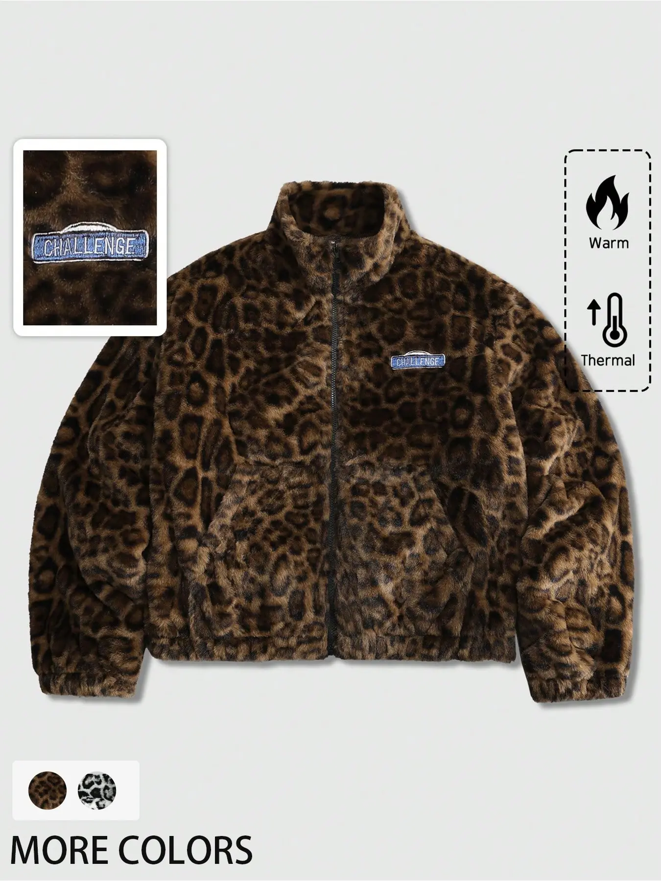 Leopard Print Fleece Zipper Jacket, Vintage Millennial Loose Stand Collar Warm Thick Fake Fur Coat, Unisex Winter Streetwear Outerwear