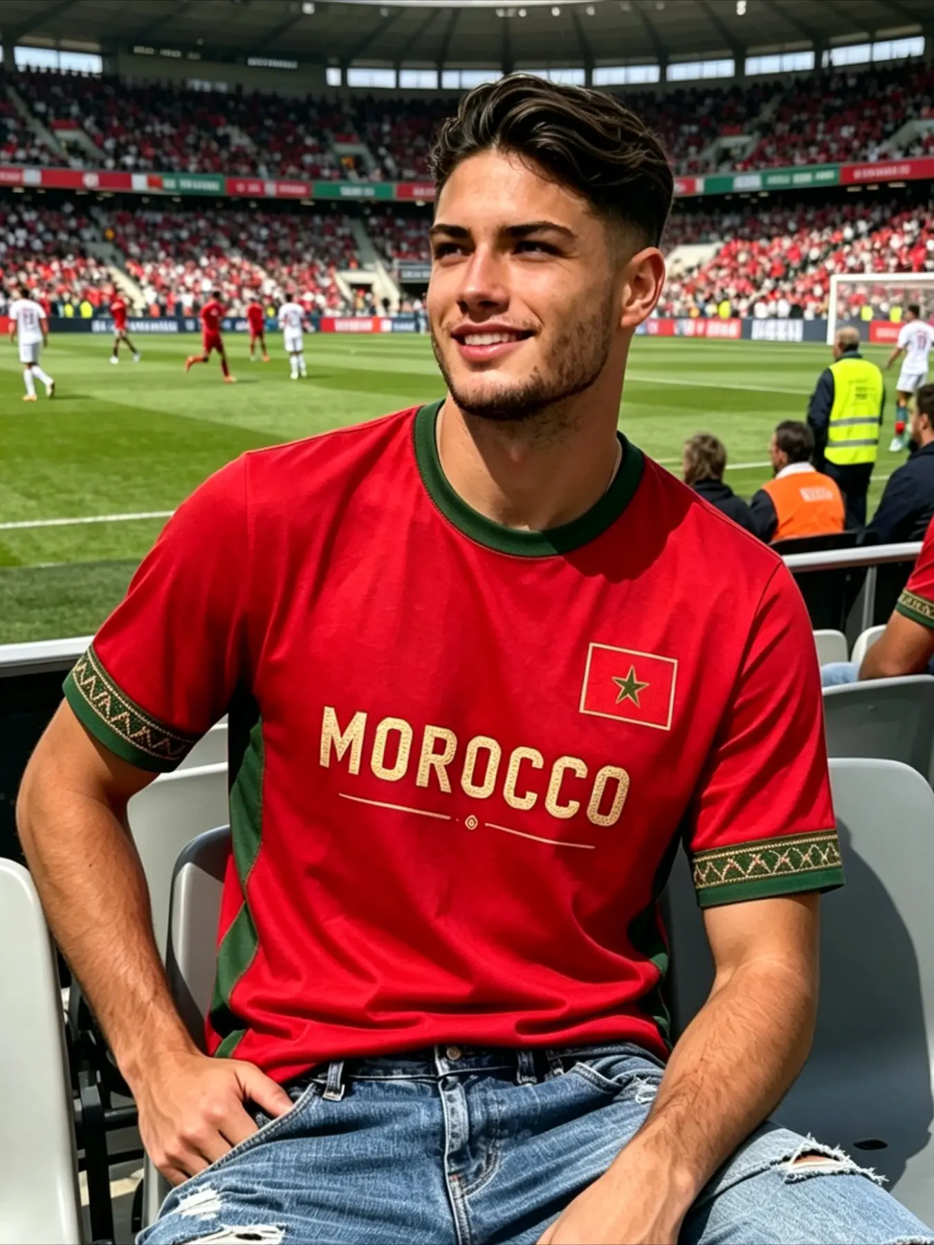 Moroccan 3D Flag Print Fan Tee, Men's Outdoor Sports Top, Breathable Tops, Athletic Breathable Quick-Dry Streetwear, Loose Fit Football Shirt, Summer Fan Apparel, Casual Sporty Shirt, Sports Tees