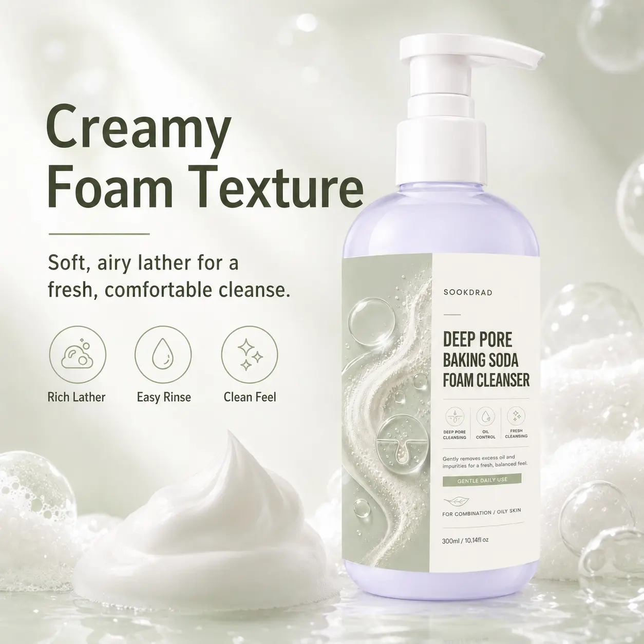 Deep Pore Baking Soda Foam Cleanser, baking soda, deep pore cleansing, oil control, fresh cleansing, face, combination oily skin, gentle daily use, 300ml/10.14fl oz