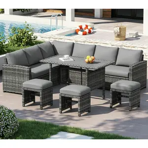 [with cover]YODOLLA Patio Furniture Set with Cover, 7 Pieces Outdoor Sectional Sofa Conversation Set All Weather Wicker Rattan Couch Dining Table & Chair with Ottoman