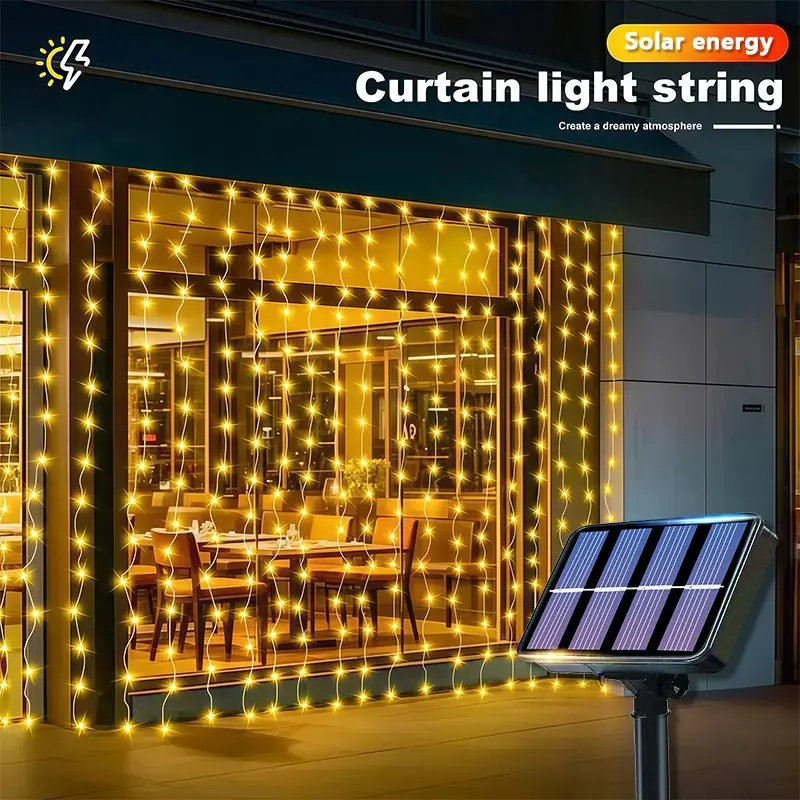 Outdoor Solar LED Curtain Light String, Fairy Curtain Light String with 8 Lighting Modes, Ambient LED Lighting, Suitable for Wedding Atmosphere, Home Decoration, and Valentine's Day/Halloween/Thanksgiving Holiday String Lights.
