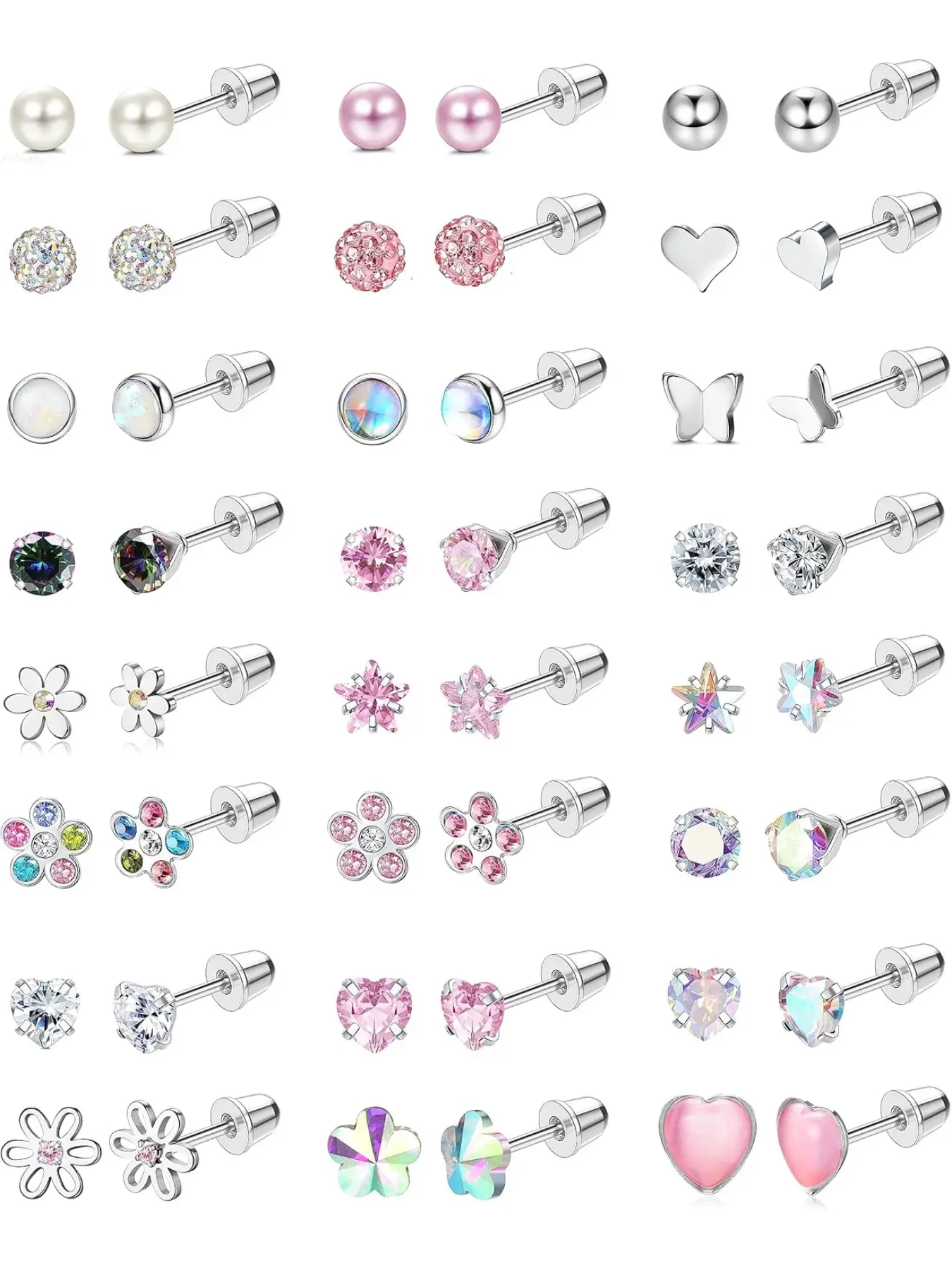24Pairs Hypoallergenic Stainless Steel Earrings for Girls Women -   Screw Back Earring Cute Kids Baby Toddler Earrings 4mm Tiny Screwback Flat Back Stud Earring Set, Earring Pack