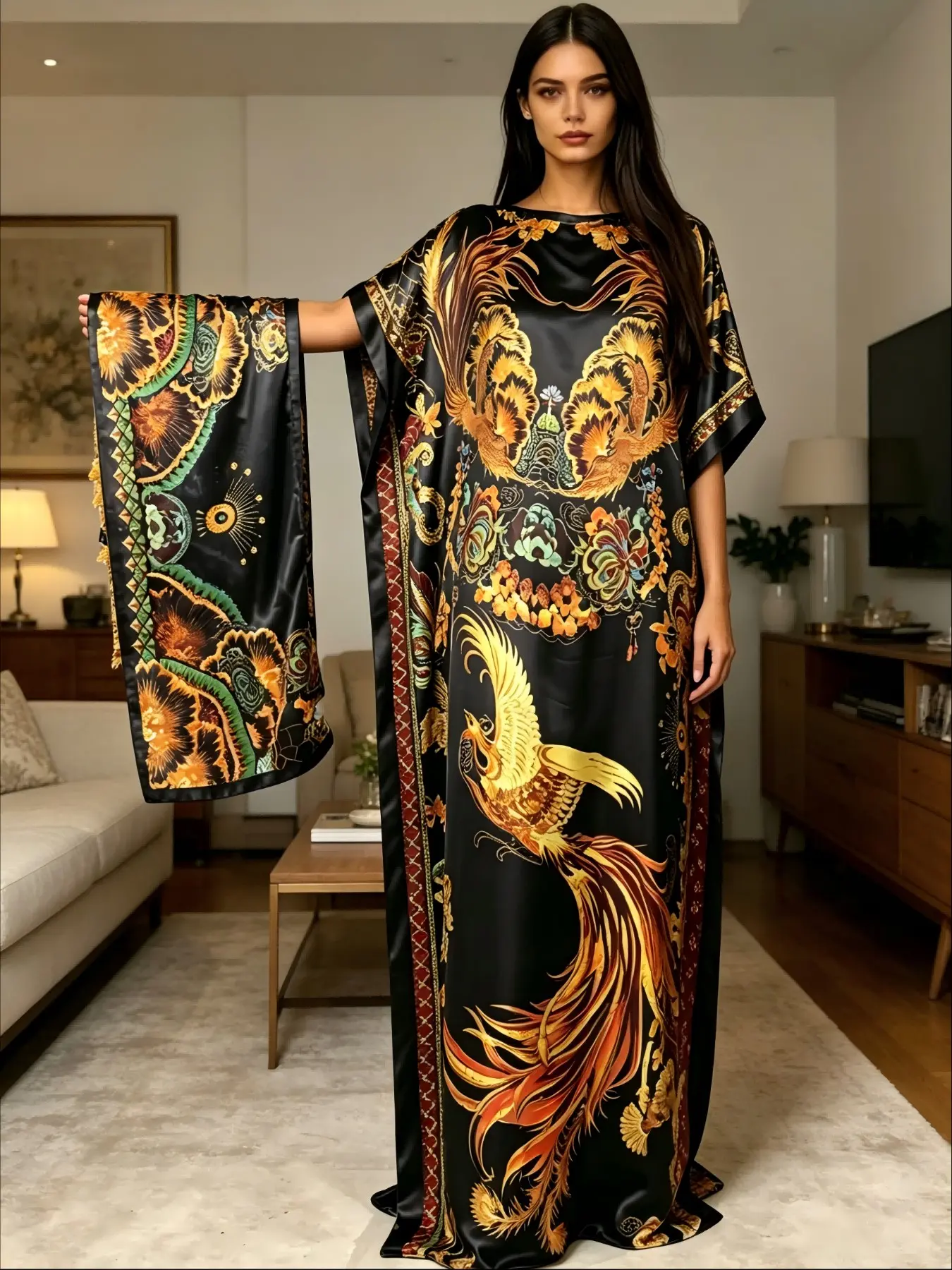 Women's Two-Piece Satin Ethnic Pattern Kaftan Sleepwear Set, Gold Phoenix Floral Print Long Robe with Matching Headscarf, Loose Fit for Home, Vacation, Parties