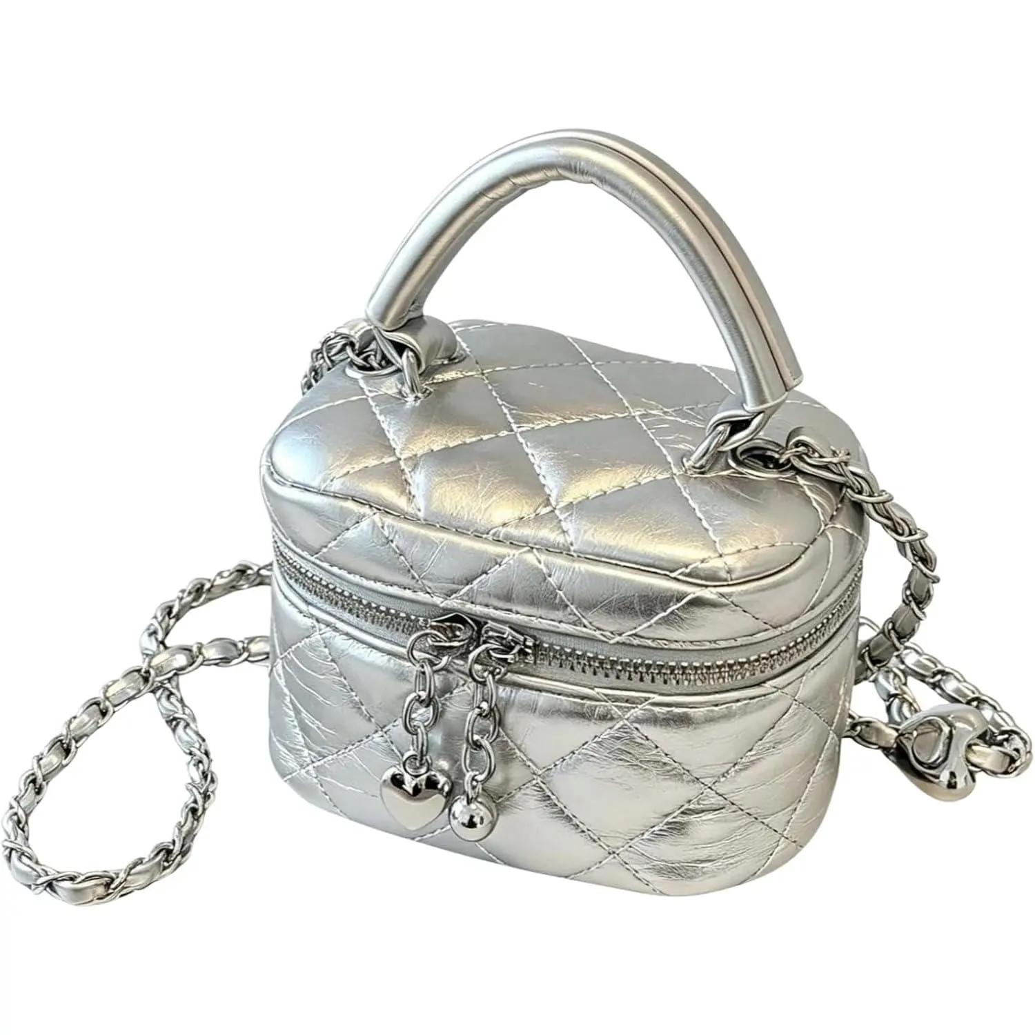 Mini Box Crossbody Bag, Silver Quilted Metallic Purse with Chain Strap, Top Handle & Heart Charm, Women's Evening Clutch