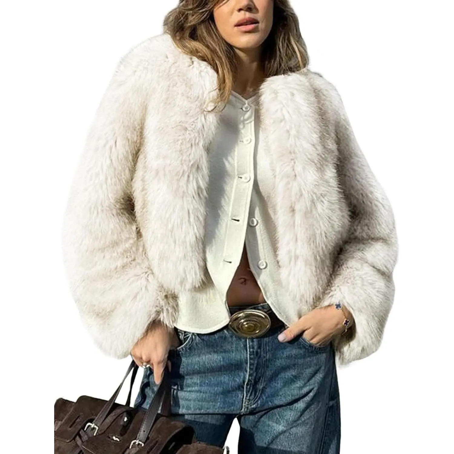 Wyeysyt Women Faux Fur Coat Cropped Fur Fluffy Winter Warm Coat | Shaggy Faux Fur Coat, Open Front Fuzzy Jacket, Short Length