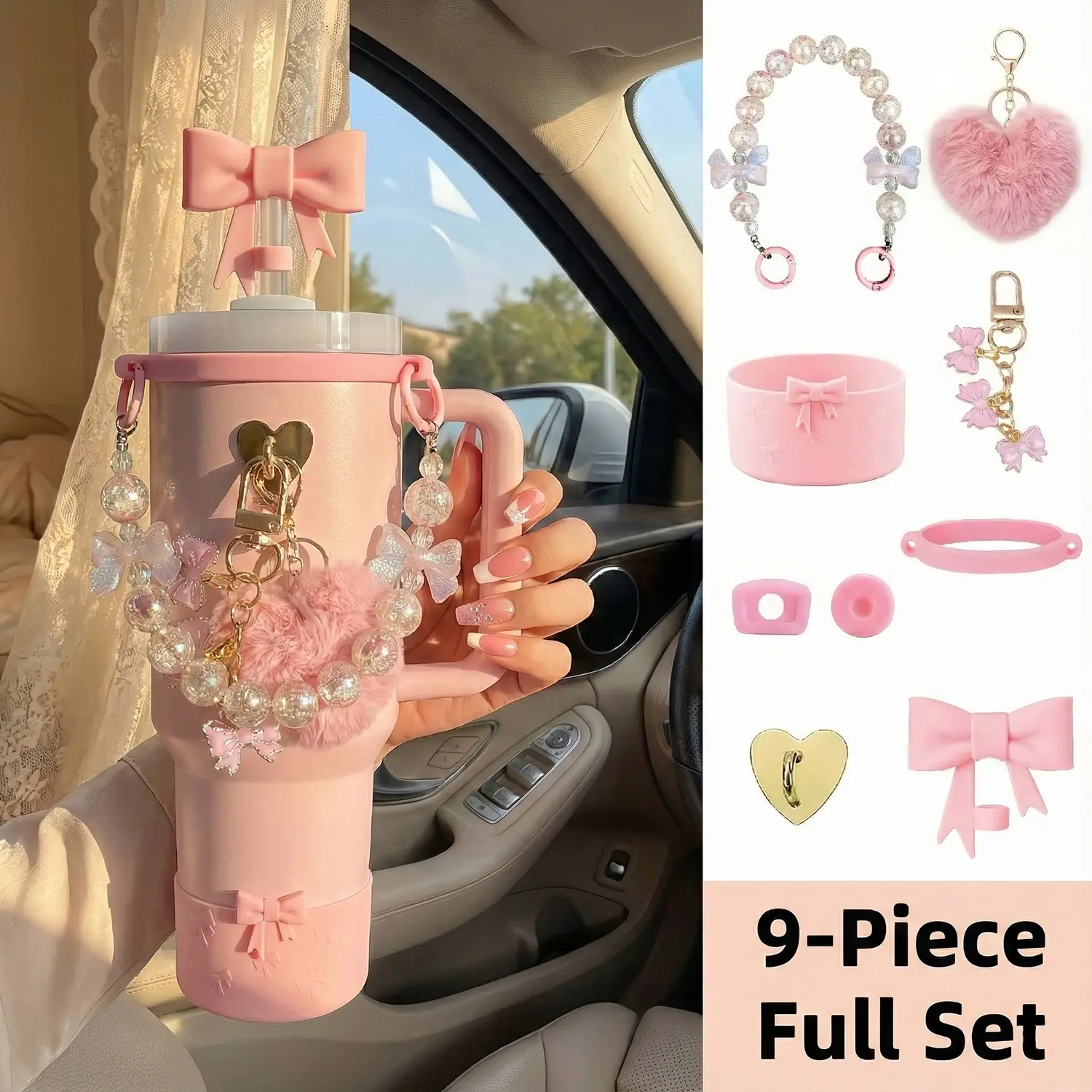 9pcs Bow Coquette Pink Accessories Set for 40oz/30oz Tumbler - Includes Pearl Handle Chain, Silicone Boot, Straw Cover, Heart-Shaped Charm & Spill Stoppers, Water Bbottle Charms Aesthetic - Cute Preppy Aesthetic Gift for Women Girls（No Cup)