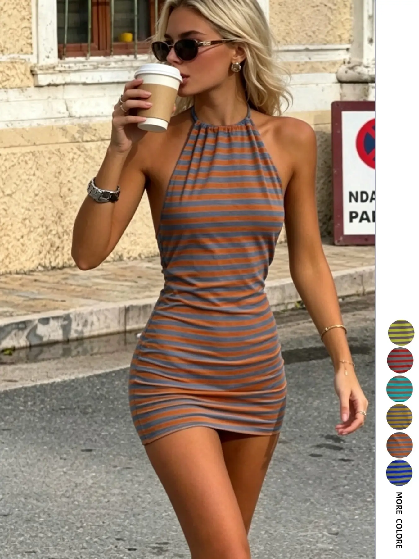 Women's Sexy Halter Backless Striped Bodycon Fit Summer Dress, Club Party Dress, Perfect for Parties & Daily Wear