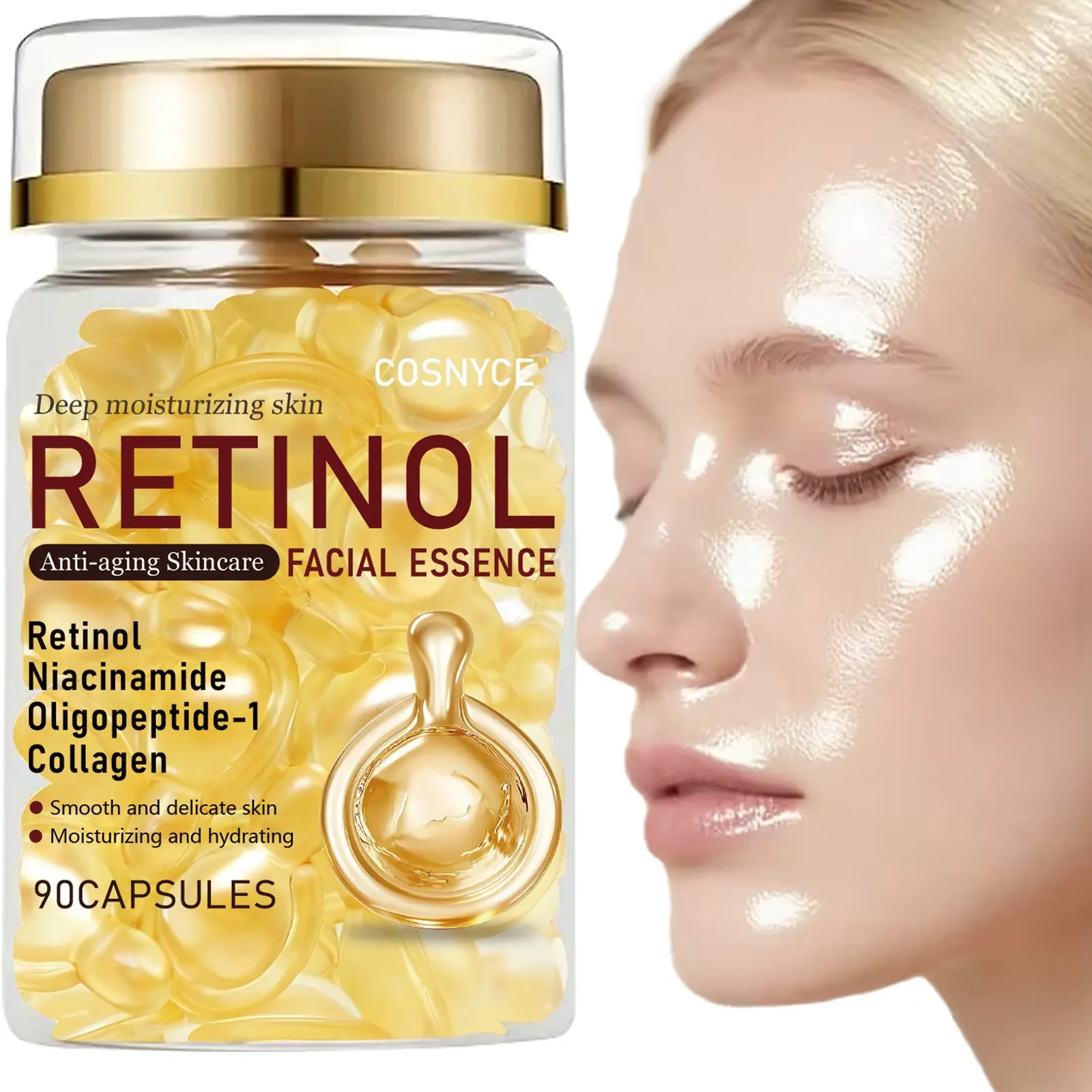 90 Capsules Collagen Essence, Deep Hydration, Contains Collagen, Retinol, Niacinamide, Alcohol-Free, Suitable for All Skin Types, Collagen Refines Skin