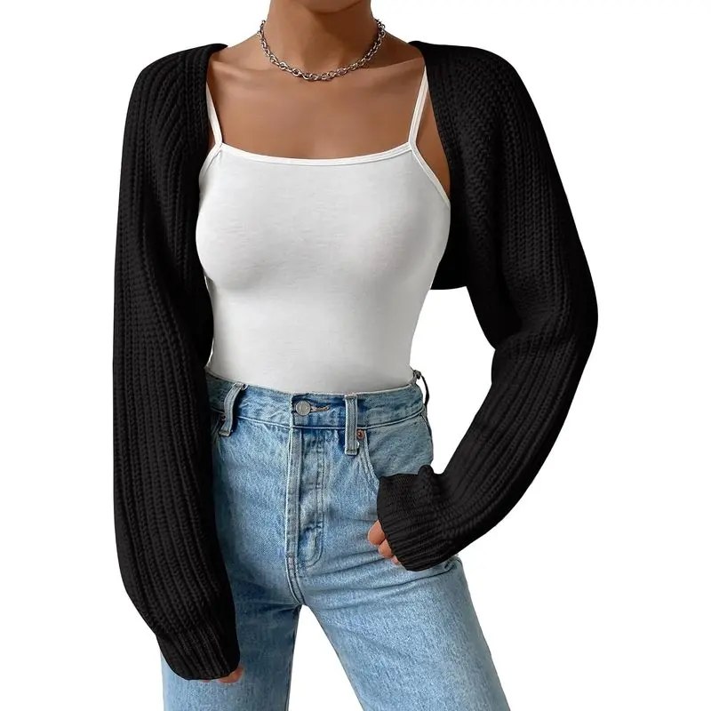 Women’s Longsleeve Knit Crop Cardigan - Open-Front Drop Shoulder Bolero Shrug Knitwear, Casual Wear Layering Piece for Casual, Office Outfits, Longsleeves