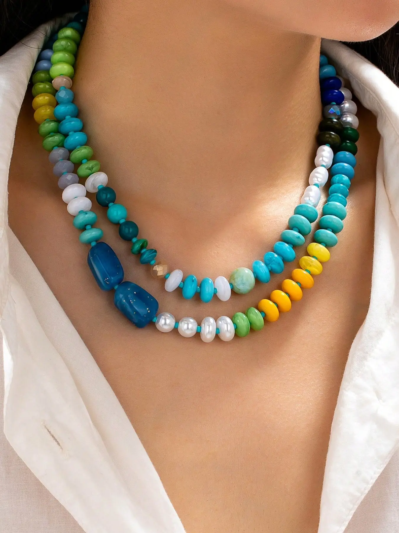 2Pcs Coastal Blue Green Beaded Trendy Accessory Necklace Set - Tropical Ocean Tones Stacked Chokers with Resin Beads & Pearls, Bohemian Vacation Jewelry