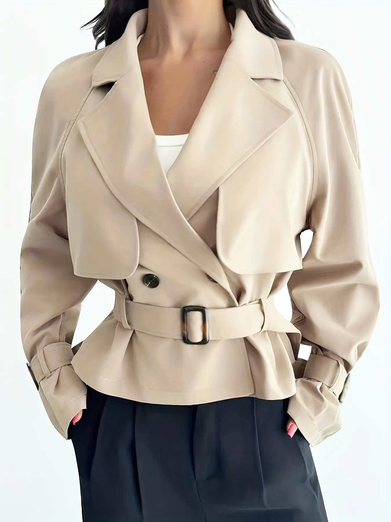 2026 Women's Fall Elegant and Fashionable Everyday Casual Versatile Commuter-Friendly Comfortable Khaki Short Trench Coat, Short-Sleeved Jacket with Lapel, Double-Breasted Buttons, and Drawstring Waist, Featuring Cuff Ties—Perfect for Back-to-School Seaso