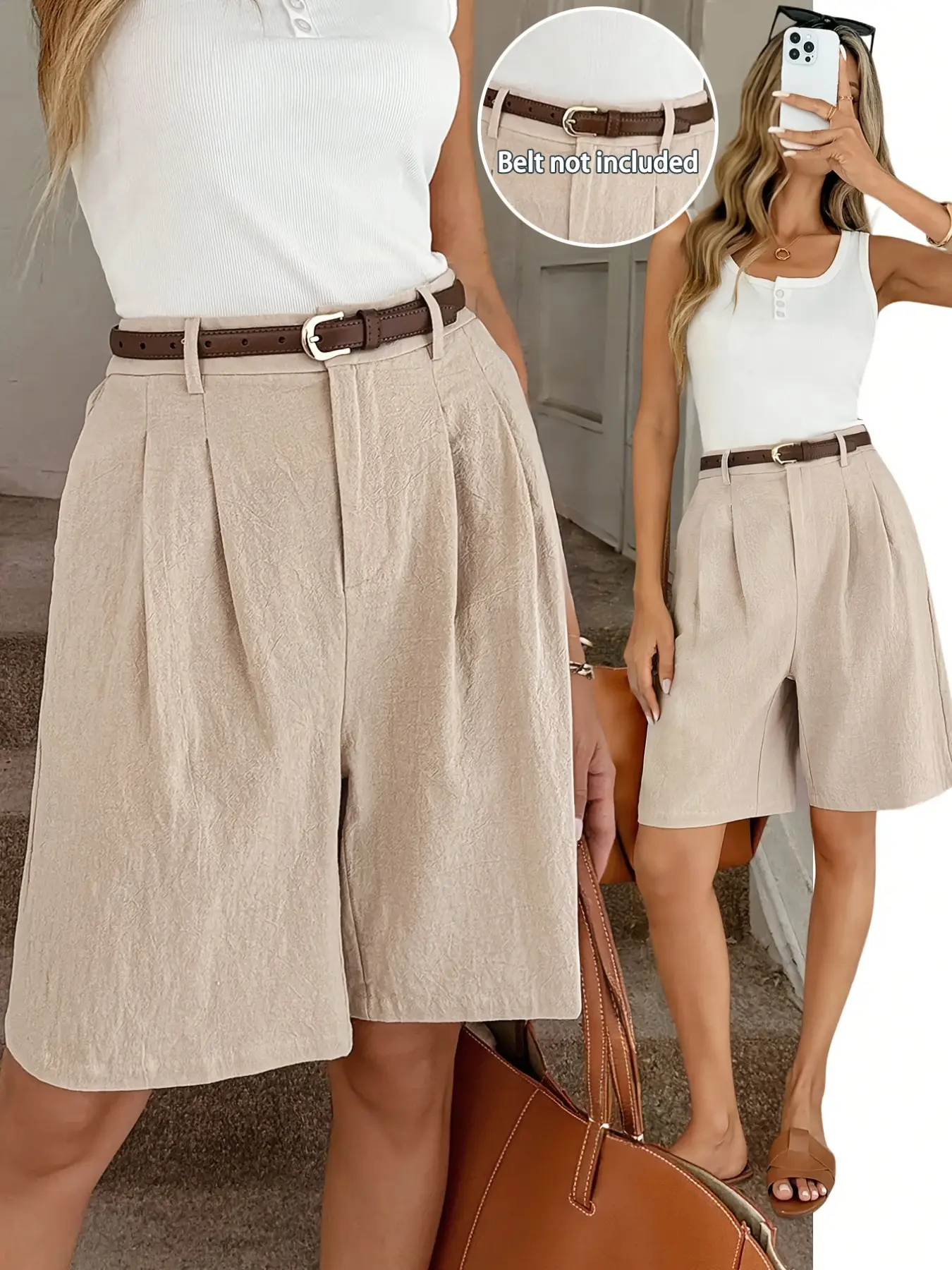 European and American Simple Suit Shorts, Textured Wrinkle Fabric Elastic High-Waisted Wide-Leg Casual Capri Pants, Versatile Office Wear