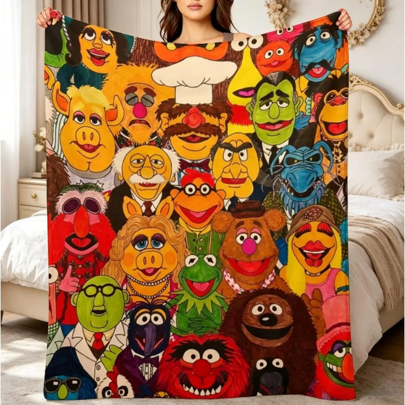 Retro Cartoon The Muppet Art Pattern Throw Blanket for Kids & Adults, Warm Plush Fuzzy Flannel Blanket, Cozy AC Blanket for Bed Sofa Couch, Vintage Cartoon Room Decor, Soft Lightweight All Season Throw, Birthday Christmas Gift