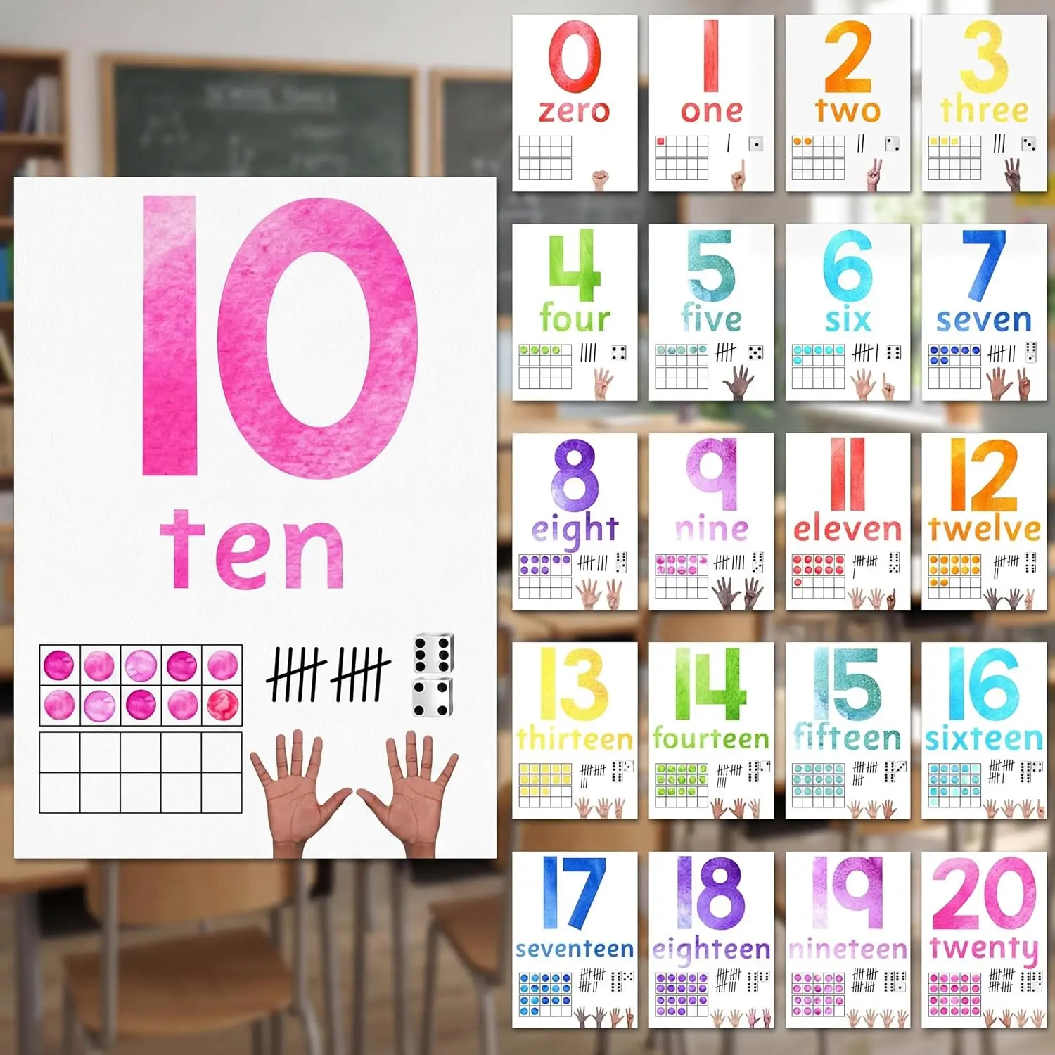 21 Pcs Number Posters for Classroom Wall Decor 11 x 8.5 Inch Educational Number Poster Learning Chart for Kindergarten Preschool Teacher Classroom Must Have Essentials(Watercolor)