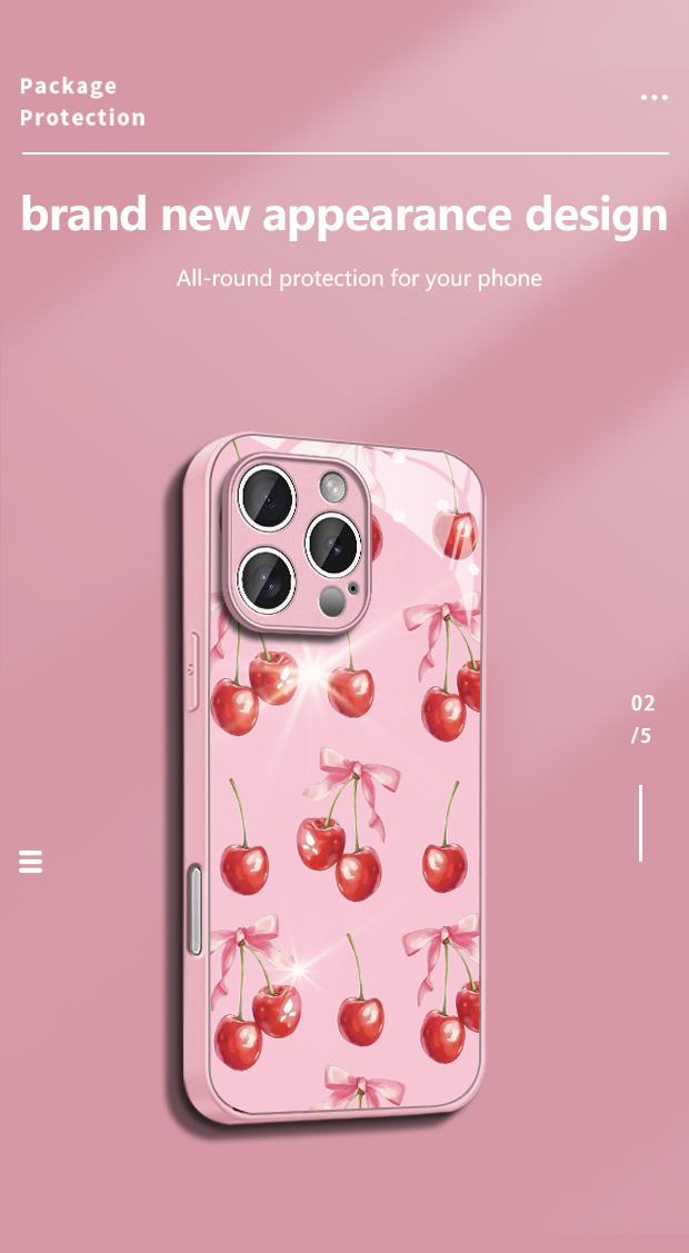 Pink Bow & Cherry Pattern Tempered Glass Case for iPhone 13/14/15/16 Pro/17 Pro Max Exquisite Design Drop-Resistant Scratch-Proof Protection Full Camera Lens Coverage