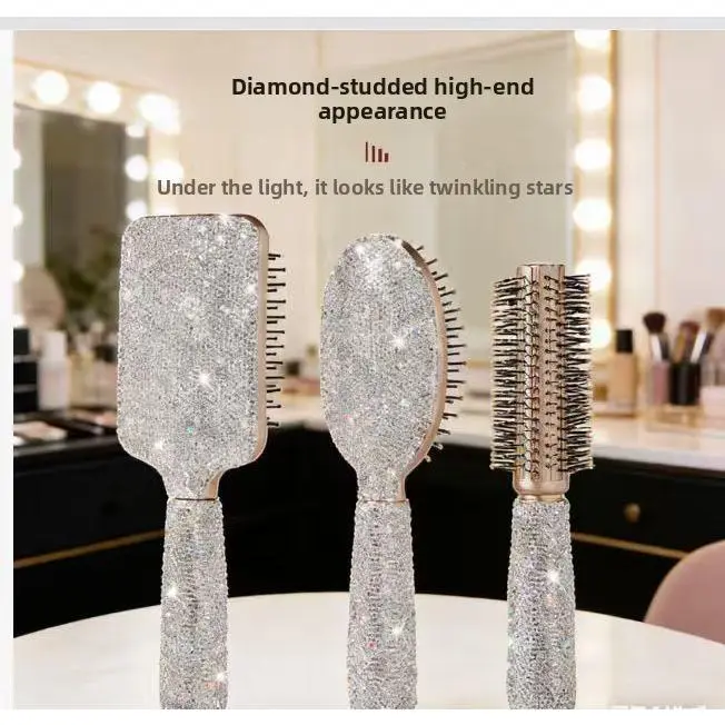 Luxury Diamond-Studded Long-Handle Airbag Hairbrush, Anti-Static Creative Cushion Brush with Full Diamond Large Square Design for Haircare Styling, Full Diamond Large Square Cushion Comb, White Diamond