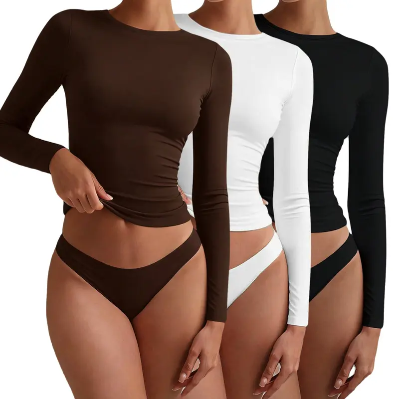 Women's Crew Neck Long Sleeve Crop Top - Slim Fit, Soft Stretchy Basic Shirt, Bodycon Casual Blouse - Tops for Women, Machine Washable for Daily, Outdoor Activities Wear, Crop Tops