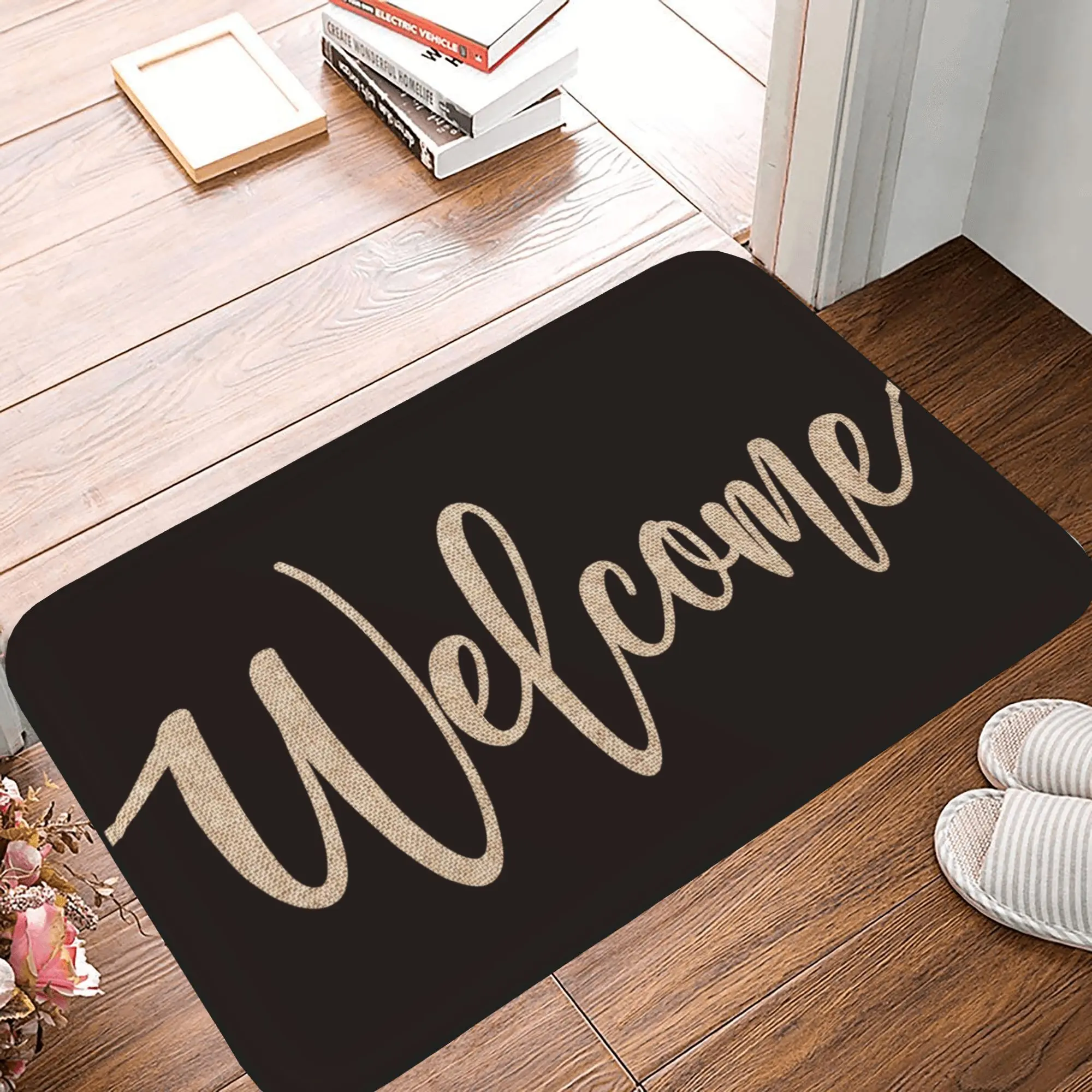 Black Cursive Welcome Doormat, Aesthetic Non-Slip Absorbent Front Door Mat, All Weather Dust Trapping Machine Washable Low Profile Rug, Indoor Outdoor Entryway Home Decor