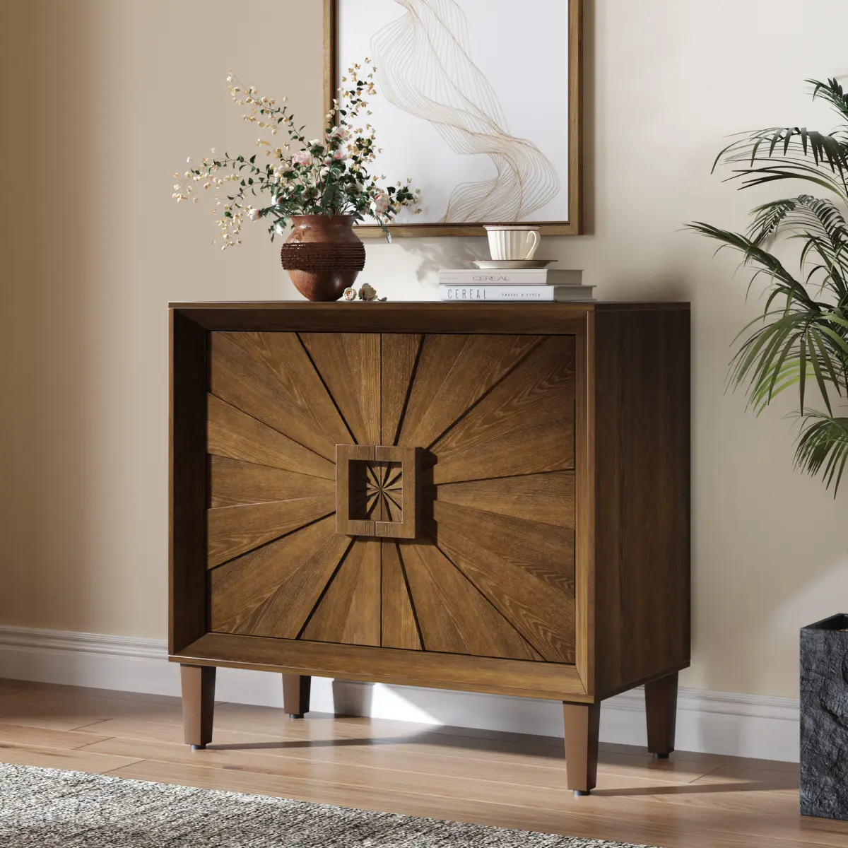 31.5" Antique Brown Mid-Century Modular Credenza Sideboard Buffet, Small Space Cabinet with Symmetrical Sunburst Doors, Accent Cabinet with Adjustable Shelves for Dining Room, Entryway & Hallway