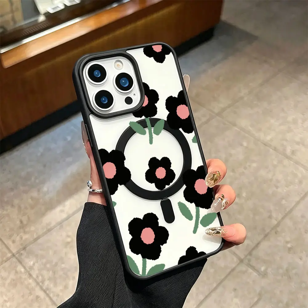 Black Pink Flower Pattern Phone Case， Minimalist Aesthetic Style for iPhone 17 16 15 14 13 12 11 Plus Pro Max， Best Daily Botanical Gift.