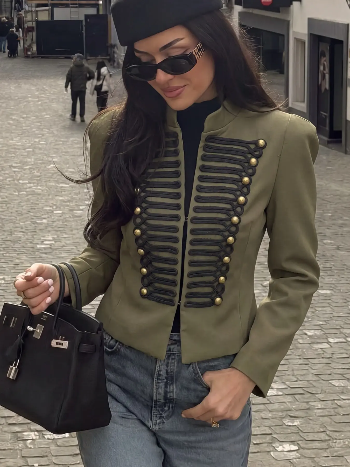 Women's Autumn Casual Elegant Fashion Rivet Stand Collar Short Jacket, Return to School Seasonal Independent Top, Long Sleeve Fitted