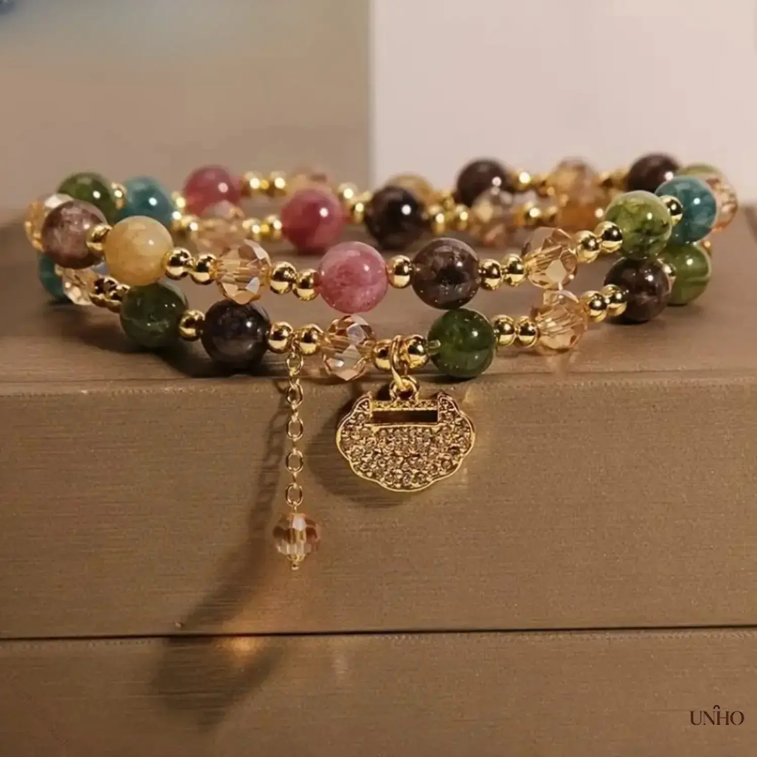 2026 New Double-Layer Rainbow Tourmaline Round Bead Bracelet – Natural Seven Color Bohemian Stone Jewelry With Longevity Lock Charm, Dainty Versatile Wrist Accessory Perfect For Daily Casual Wear, Yoga Meditation, Holiday Gifting And Boho Outfit Matching