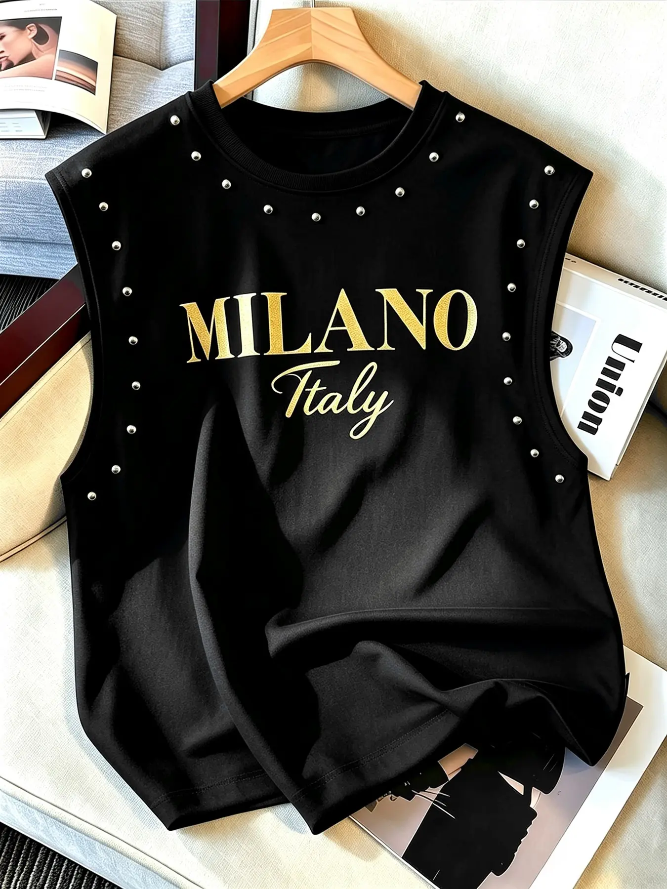 Men's Graphic Sleeveless Rivet Top, Milan Italian Rivet Vest Gold Print, Luxurious Streetwear, Fitted Casual Tank Top, Geometric Pattern, Sleeveless Vest Tops