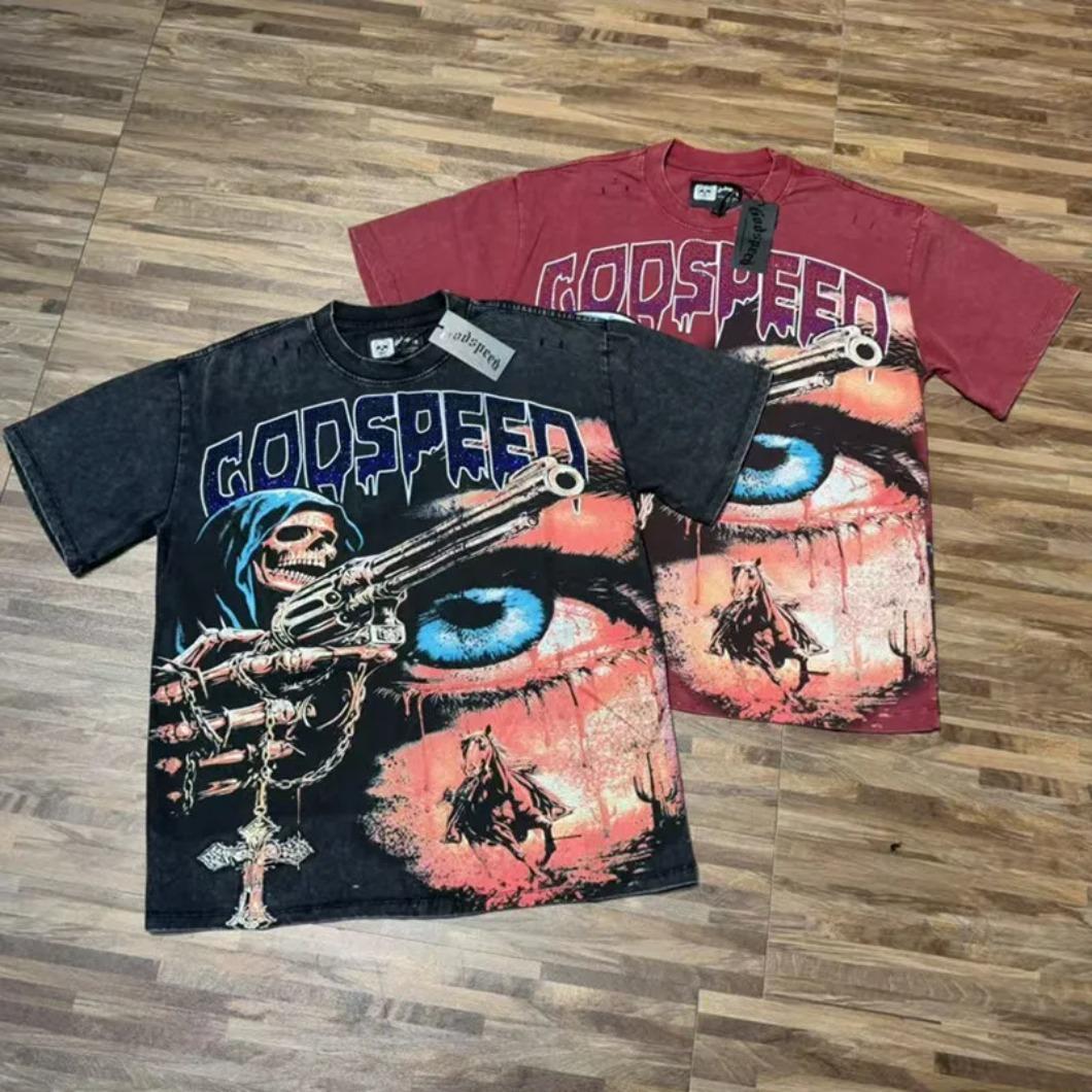 Real Photo Original Label Ripped Hot Drill Godspeed Short Sleeves T Shirt American Cotton Vintage Washed Rhinestone Bling Oversized Loose Unisex Round Neck Streetwear Hip Hop Y2K Casual Tops Tees With Tags For Men Women