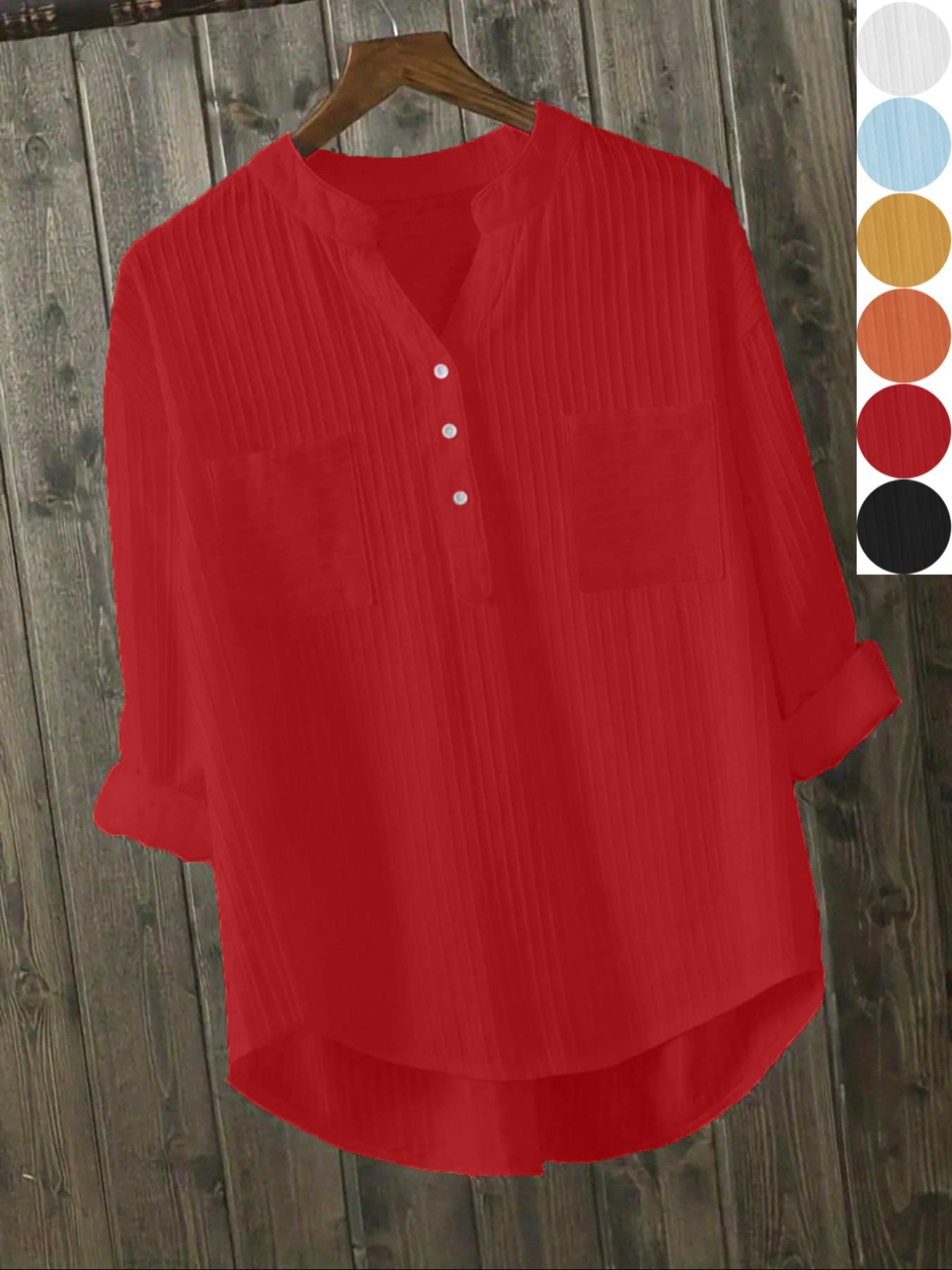 Women's Plain Button-Front High-Low Hem Shirt, Blouse, Casual Long-Sleeve Notched Neck Top for Daily Wear, Ladies Clothes for All Seasons