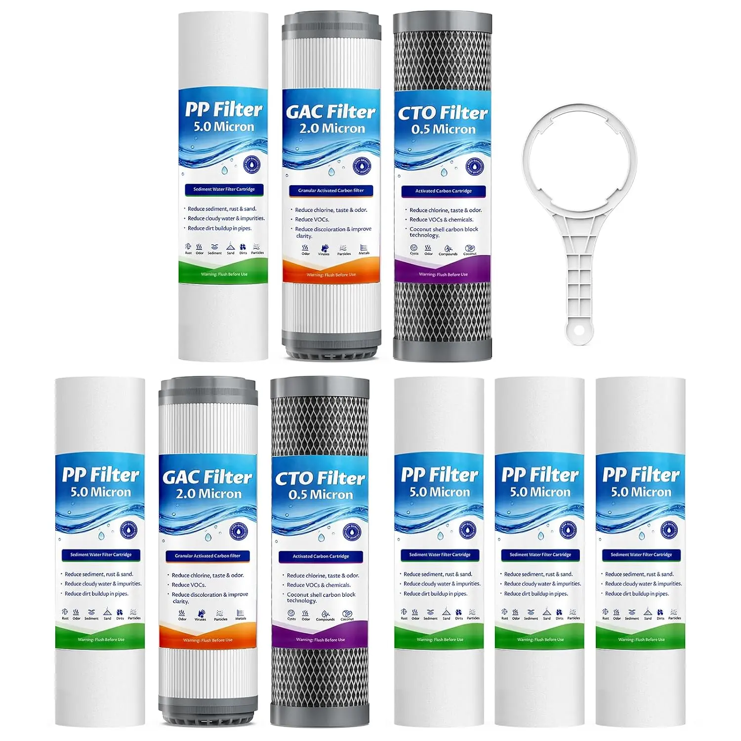 Whole House Water Filter  Cartridges 9-Pack, 10"x2.5" 3-Stage Whole  Water Filter(Sediment+GAC+CTO Filter), 0.5 Micron Reduces Chlorine,Taste, Sediment for Cleaner Water, 2-Year