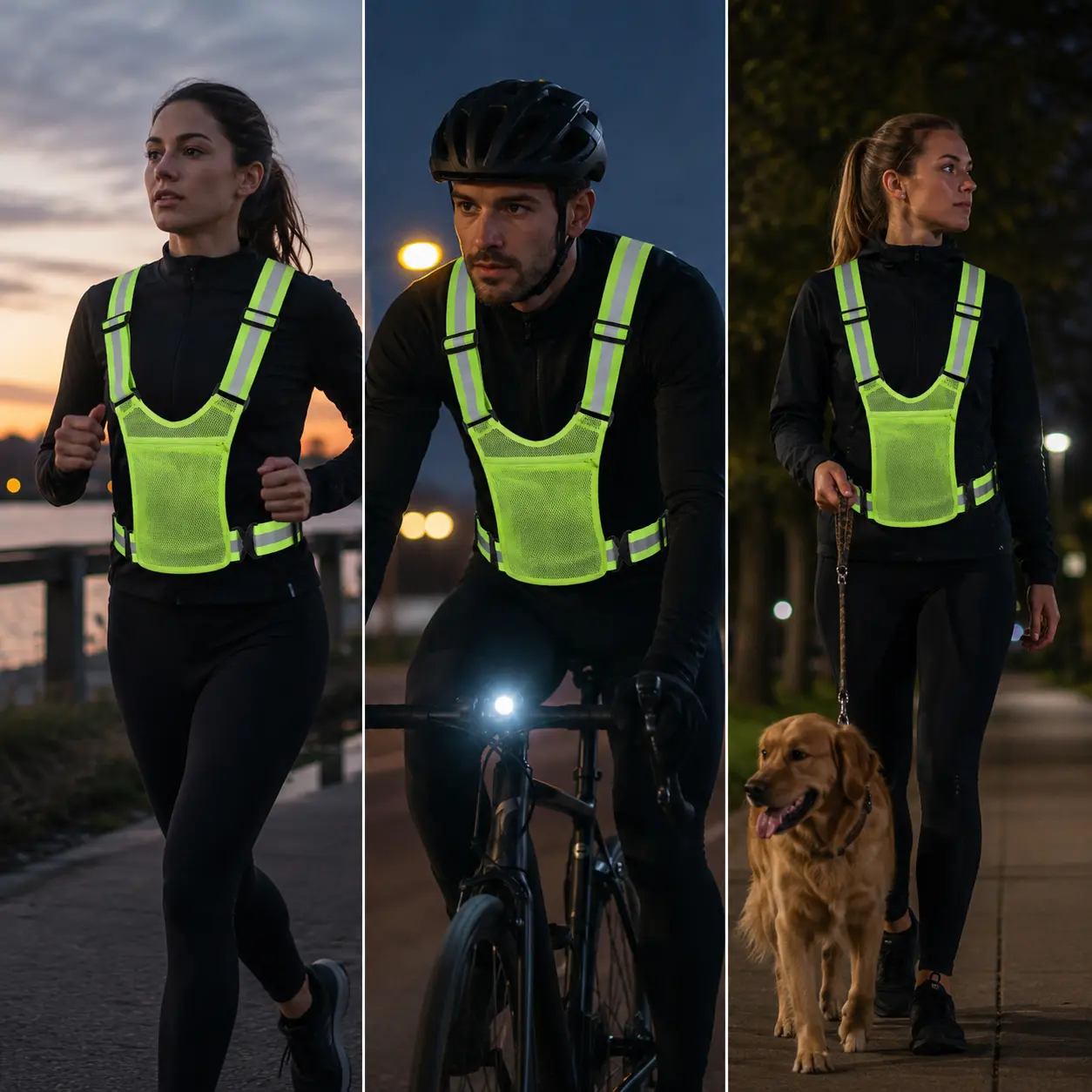 Adjustable Reflective Safety Vest for Adults - Green Polyester, Back Reflective Strip, 1-Size-Fits-All, Suitable for Running, Night Outdoor Activities