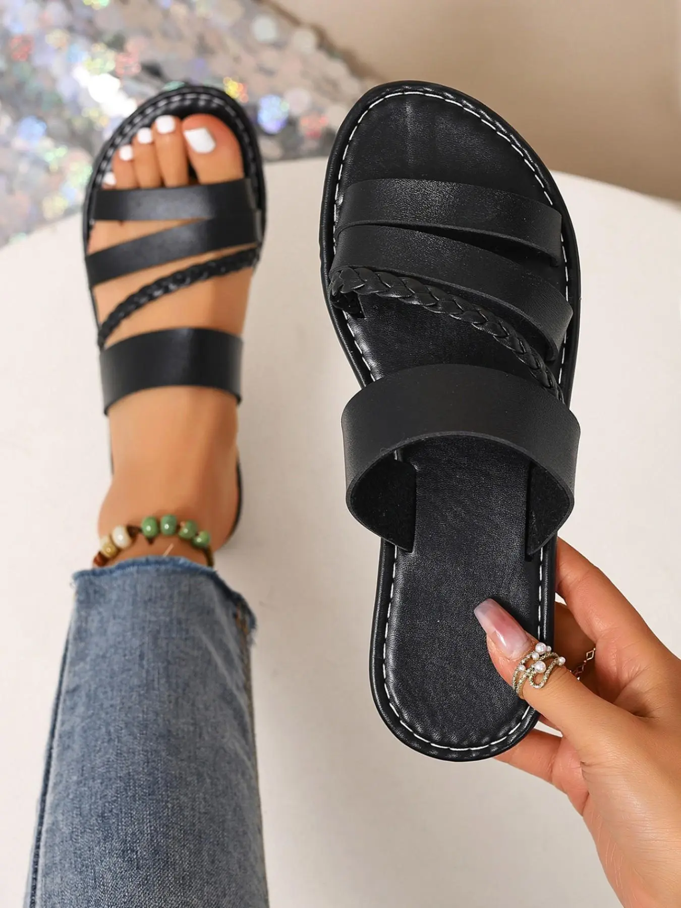 Women's Wide Strap Braided Flat Sandals, Open Toe Slip-On, Non-Slip Rubber Sole, Breathable Soft Insole, Boho Style, Summer Beach Slides, Casual Walks