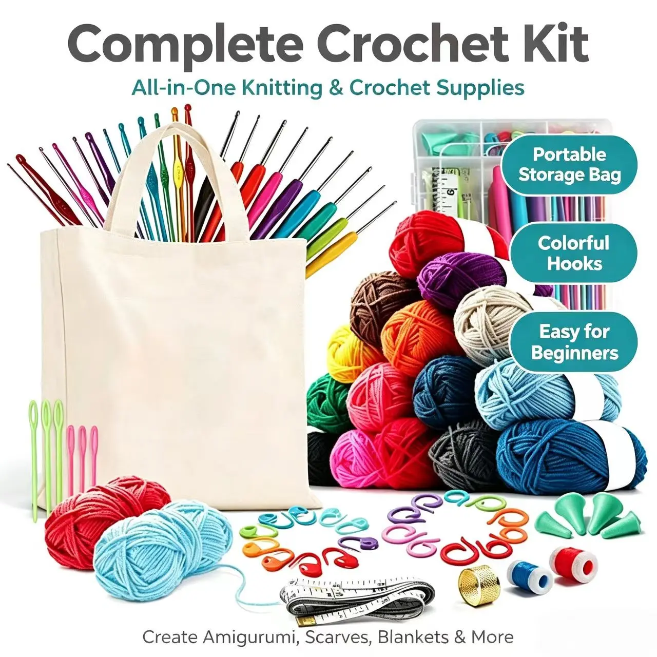 Cross-Border Bestseller Beginner Knitting Material Kit, Knitting Yarn Set for Beginners, Includes Crochet Hooks and Yarn Accessories