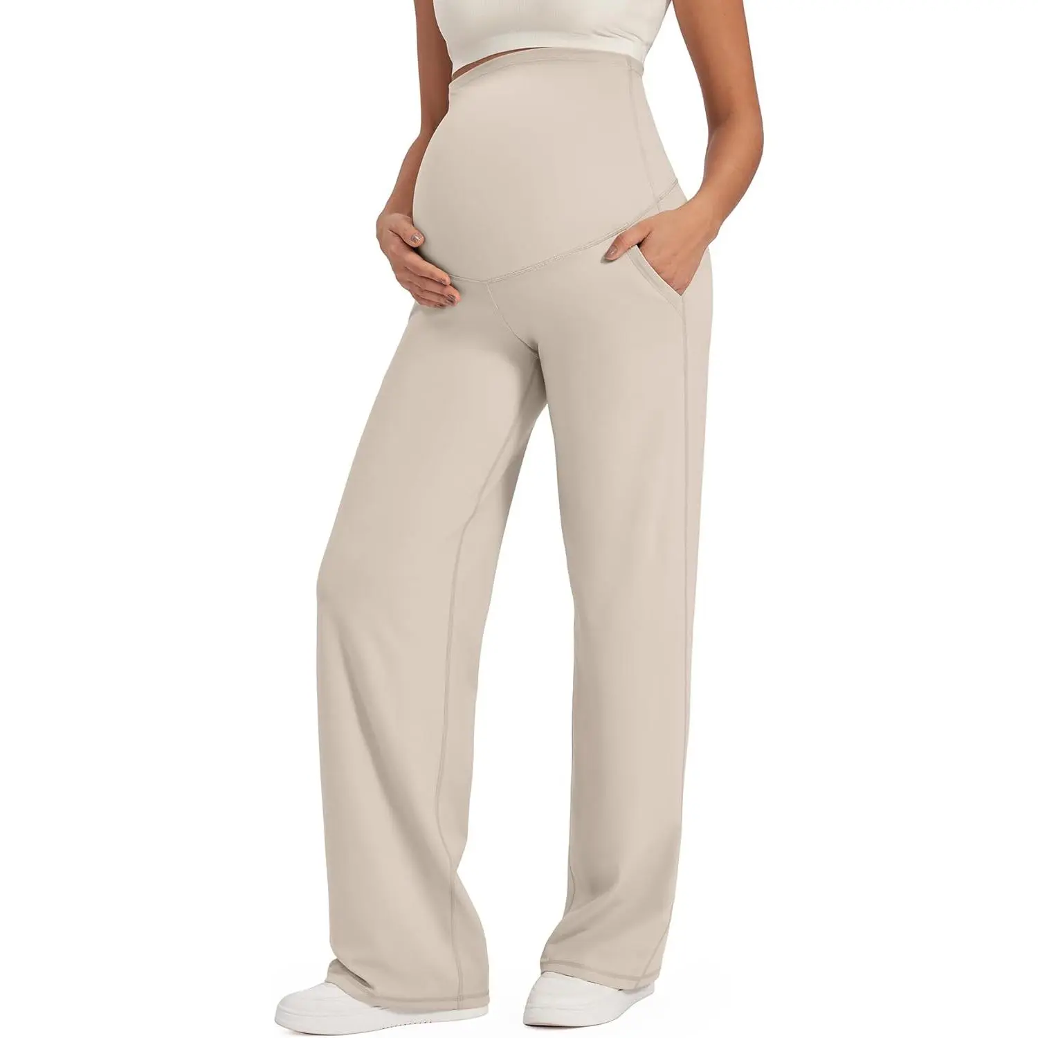 Women's Over-The-Belly Stretchy Maternity Pants - Wide Leg Trousers with Pockets for Yoga, Work, Lounge, Stretch, Over Belly
